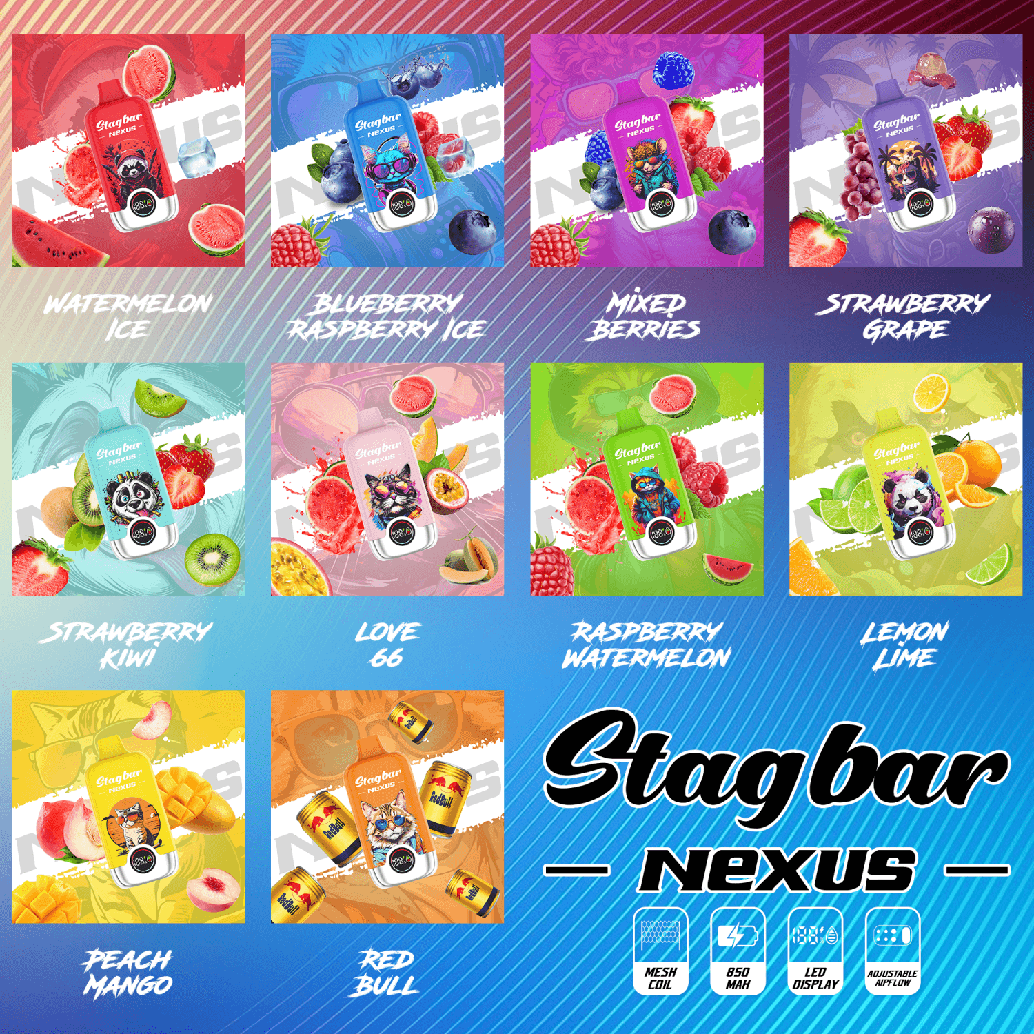 Grid of Stagbar Nexus flavor posters showcasing fruit-themed graphics and a vape device in each card on colorful gradient backgrounds.