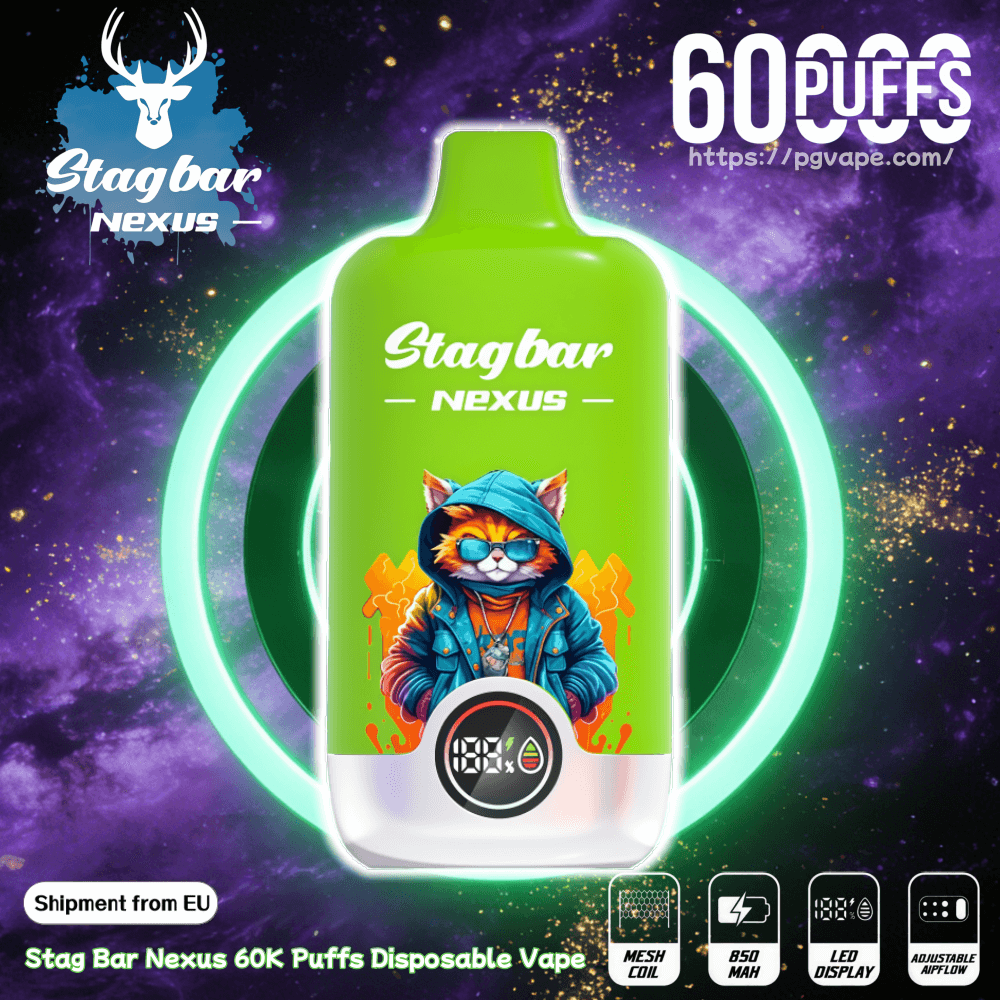 Bright green Stagbar Nexus disposable vape bottle featuring a blue-hooded animal mascot, against a purple space background with a 60 puffs label.
