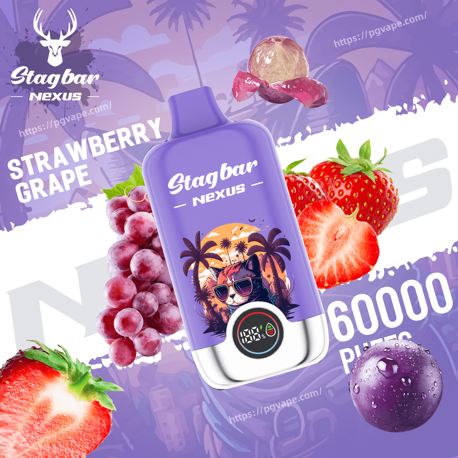 Purple Stagbar Nexus vape bottle with tropical sunset illustration and a sunglasses-wearing cat, amid strawberries and grapes.