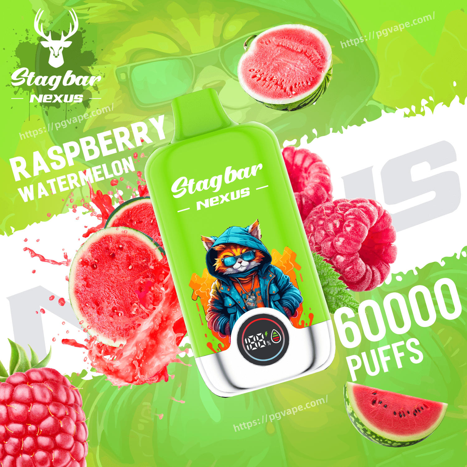 A Green Stagbar Nexus vape with a cartoon figure, Raspberry Watermelon flavor, set among raspberries and watermelon slices.