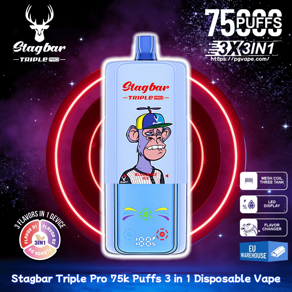 Dispositivo de vapeo desechable azul con un mono de dibujos animados en el frente, Stagbar Triple Pro, anunciado como 75.000 inhalaciones y sabores 3 en 1.