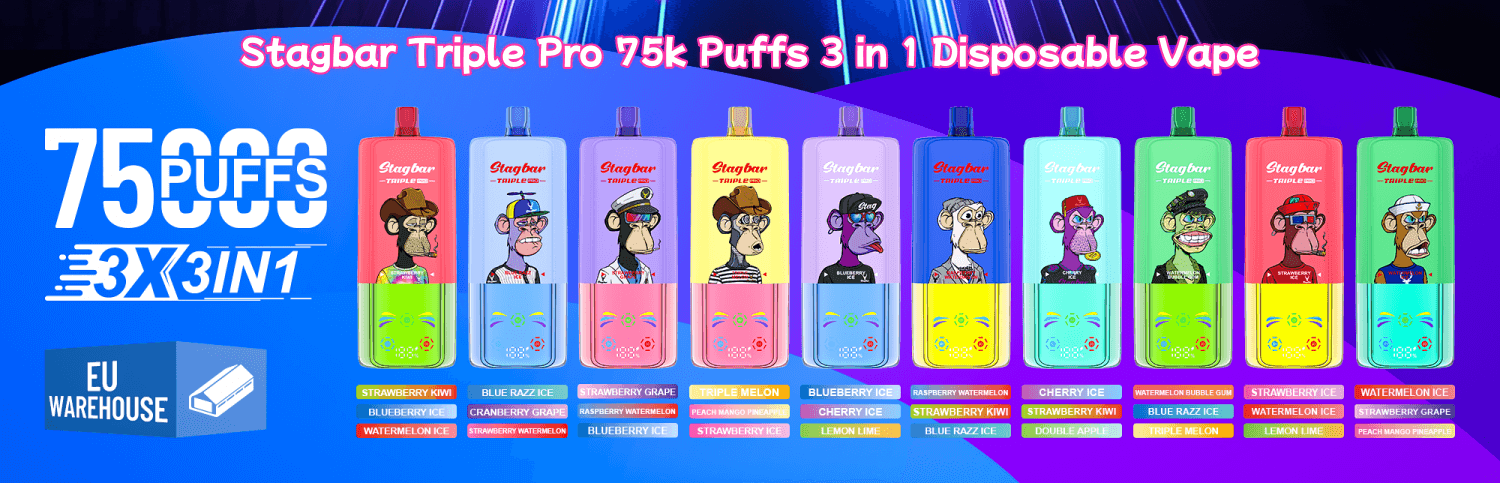 Línea colorida de vaporizadores desechables Stagbar Triple Pro con personajes de monos de dibujos animados, con 75 000 caladas, 3 en 1 y el logotipo de EU Warehouse.