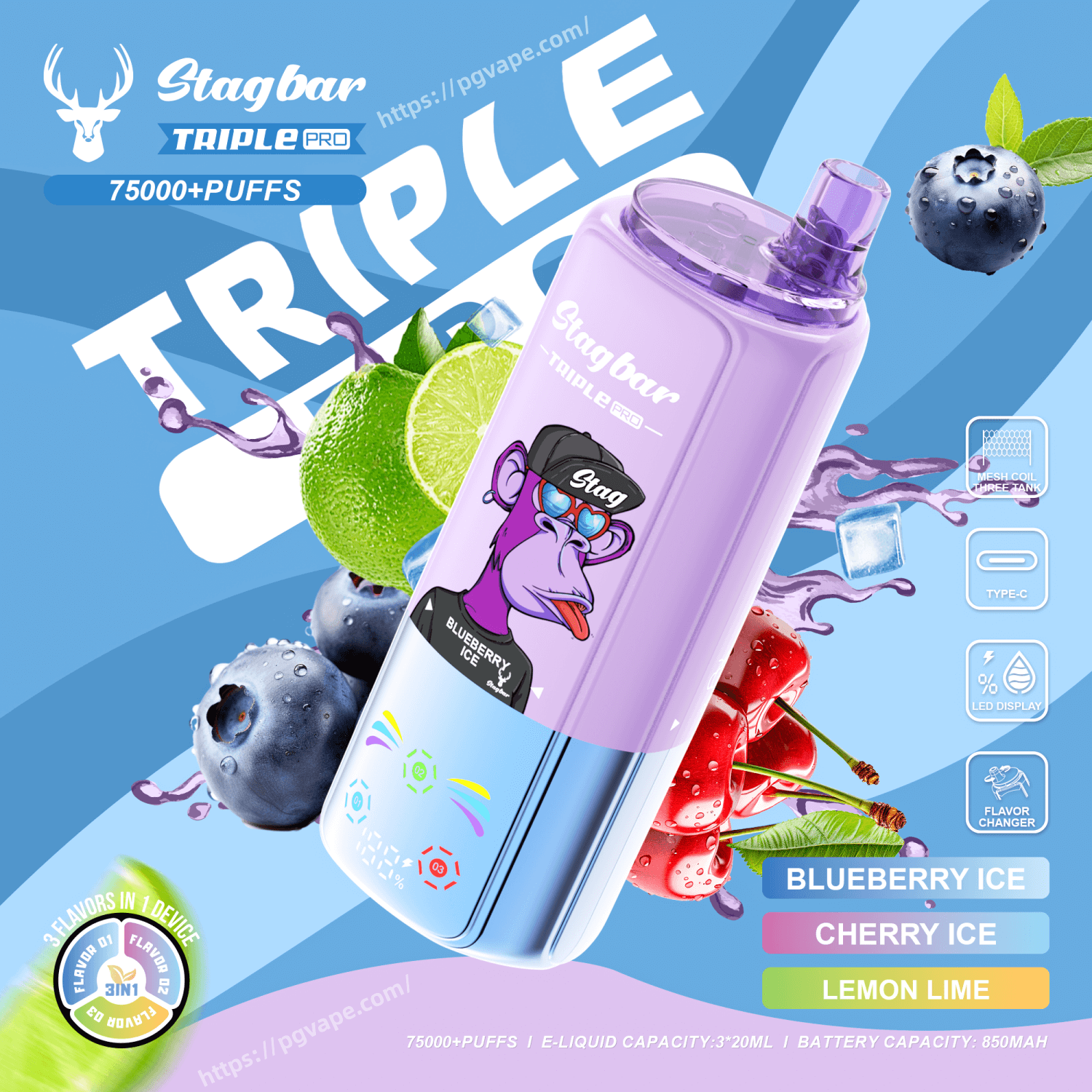 Botella de vapeo Stagbar Triple Pro morada con el logo de un mono de dibujos animados sobre un fondo azul, con Blueberry Ice, Cherry Ice y Lemon Lime.