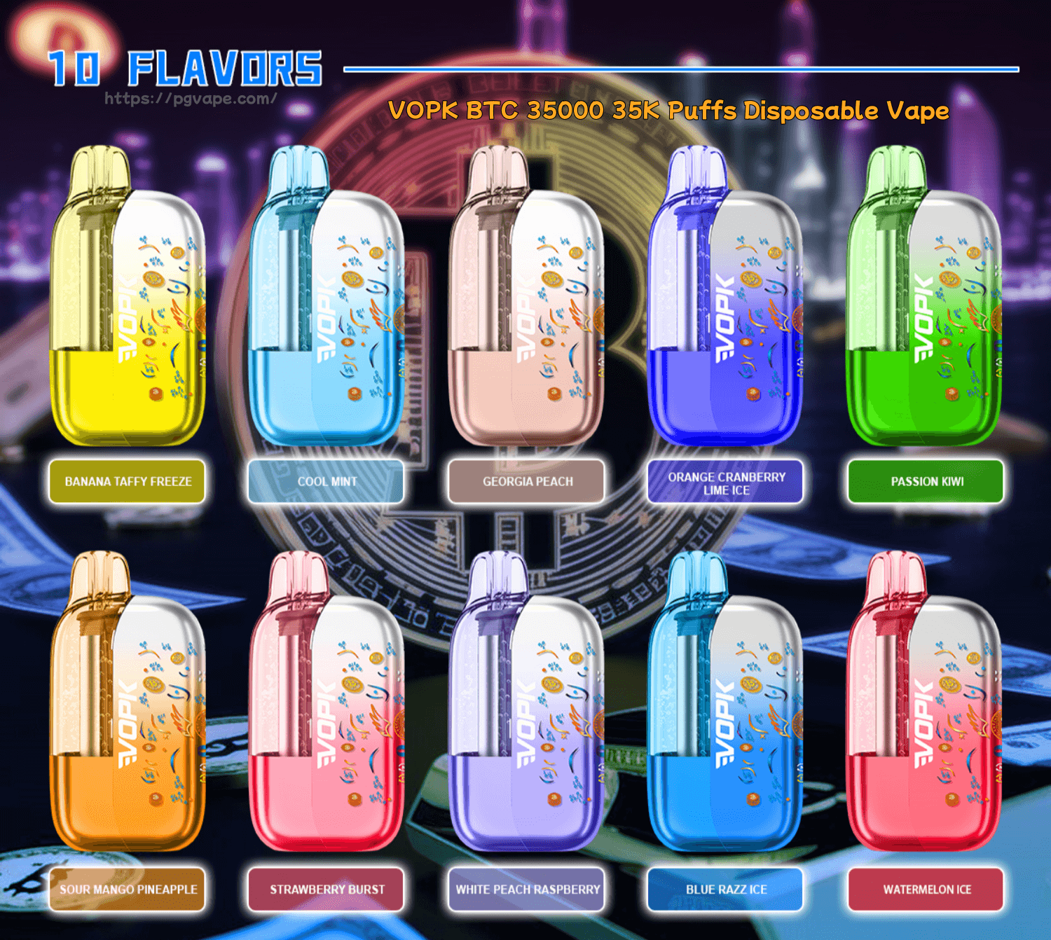 Ten colorful disposable vape devices on a neon-lit display, each with a flavor label Banana Taffy Freeze, Cool Mint, Peach.