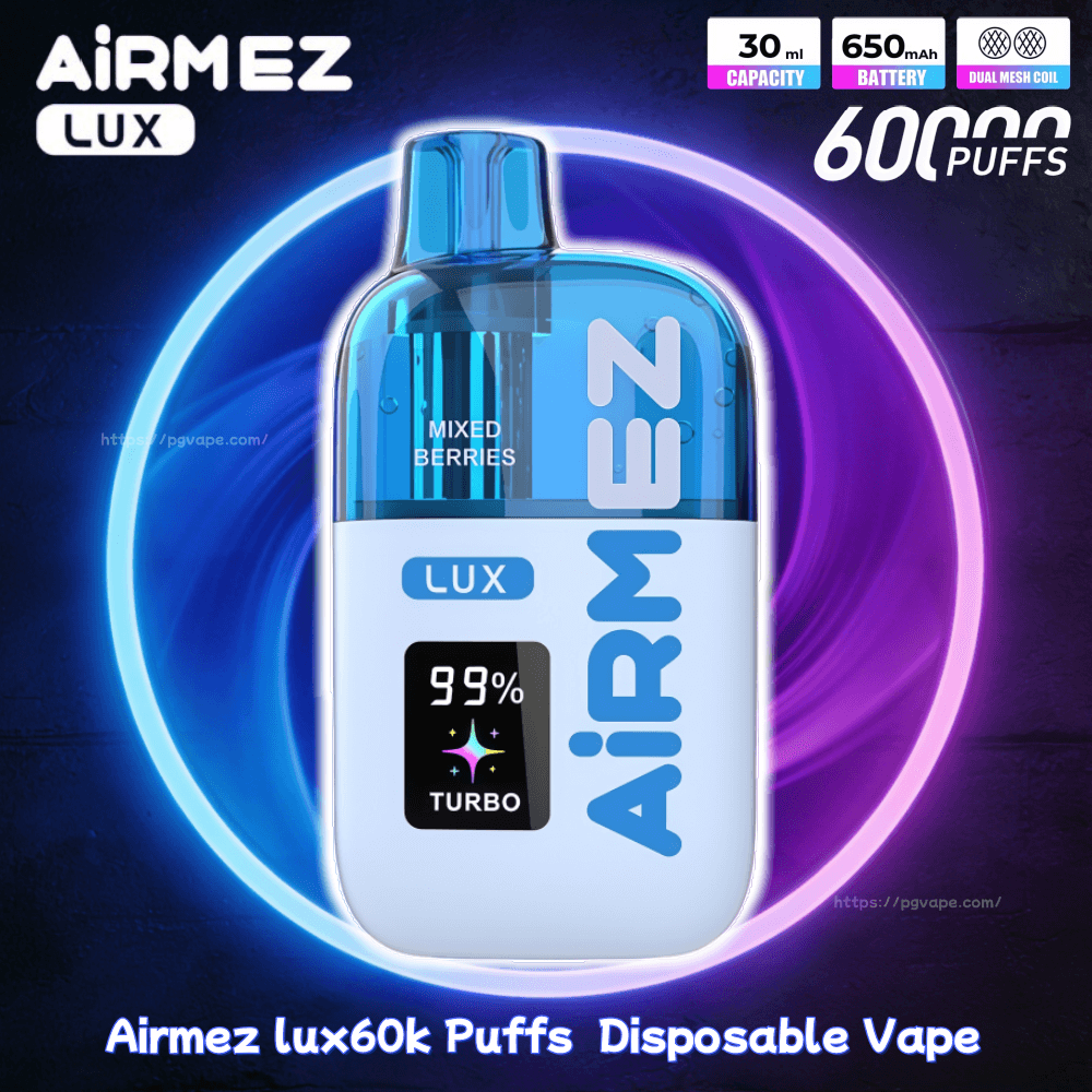 Airmez lux 60000 60k Puffs Jednorazowy Vape 0% 2% 3% 5%Nikotyna Regulowany przepływ powietrza 10Smak Inteligentny ekran Vape Fabryka hurtownia