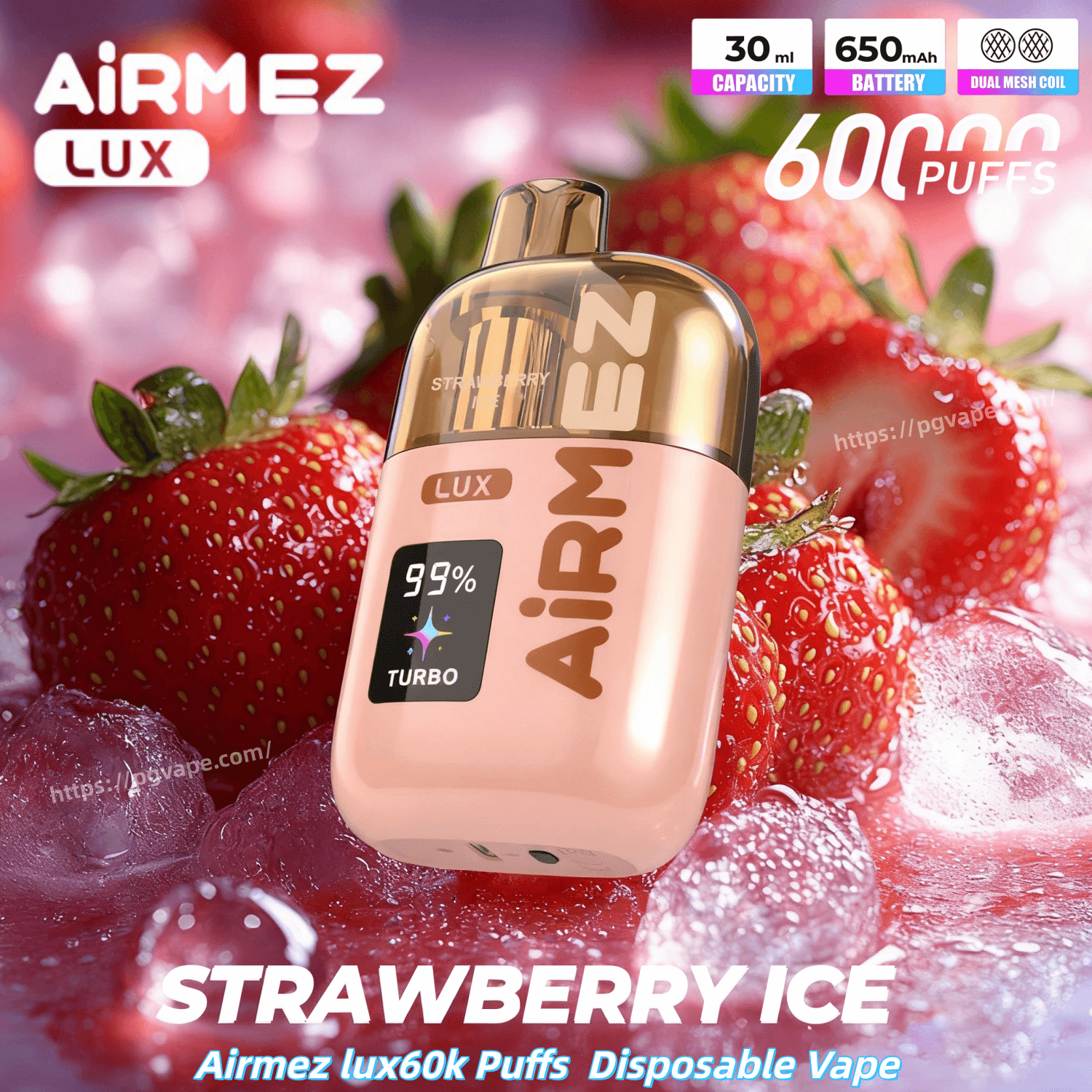 Różowy jednorazowy waporyzator ze złotą nakrętką i logo Lux, wyświetlacz przedstawiający 99% Turbo, wśród truskawek i lodu; Strawberry Ice.