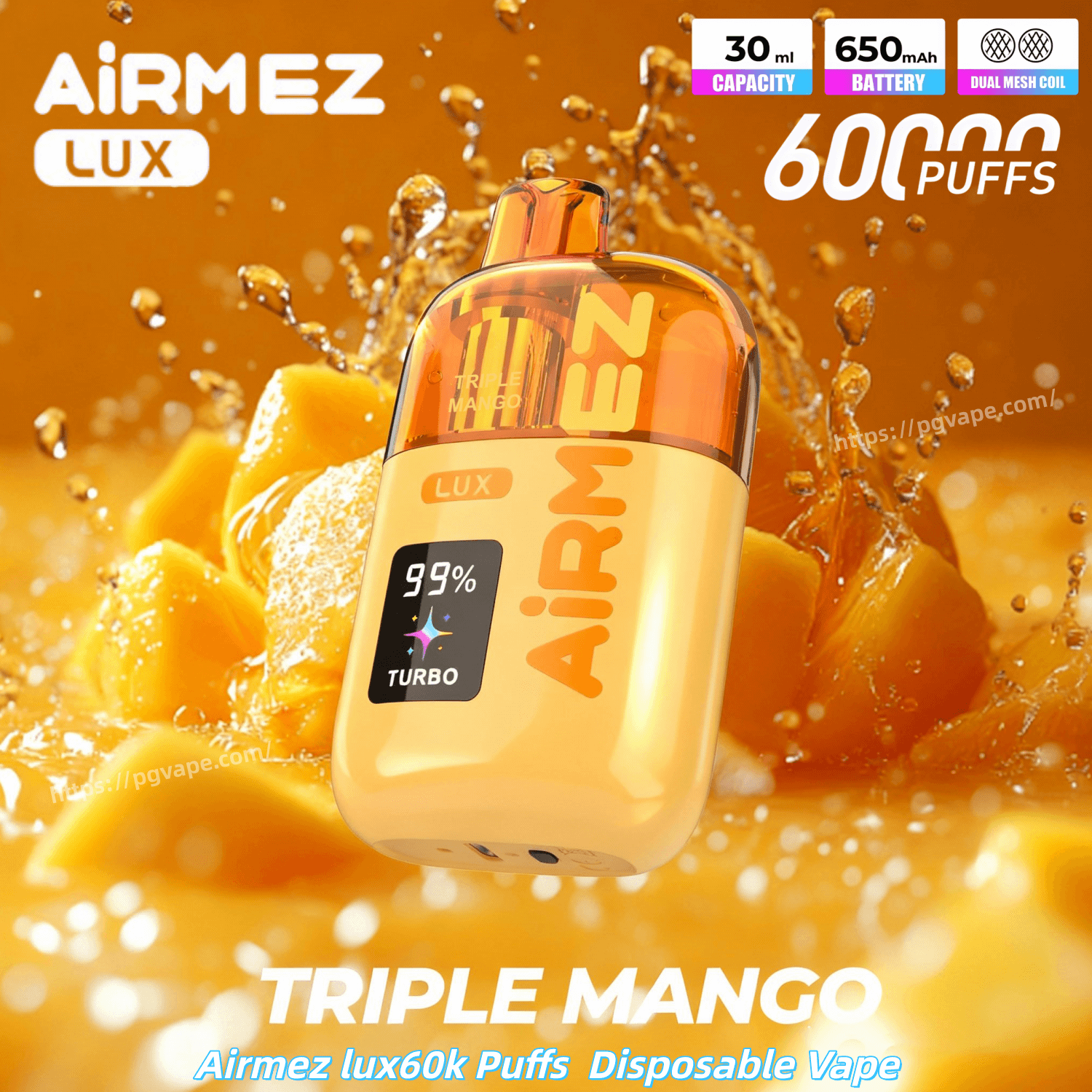 Jednorazowy waporyzator Orange Airmez Lux o smaku Triple Mango, pojemność 30 ml, bateria 650 mAh, 60 000 zaciągnięć, spray mango.
