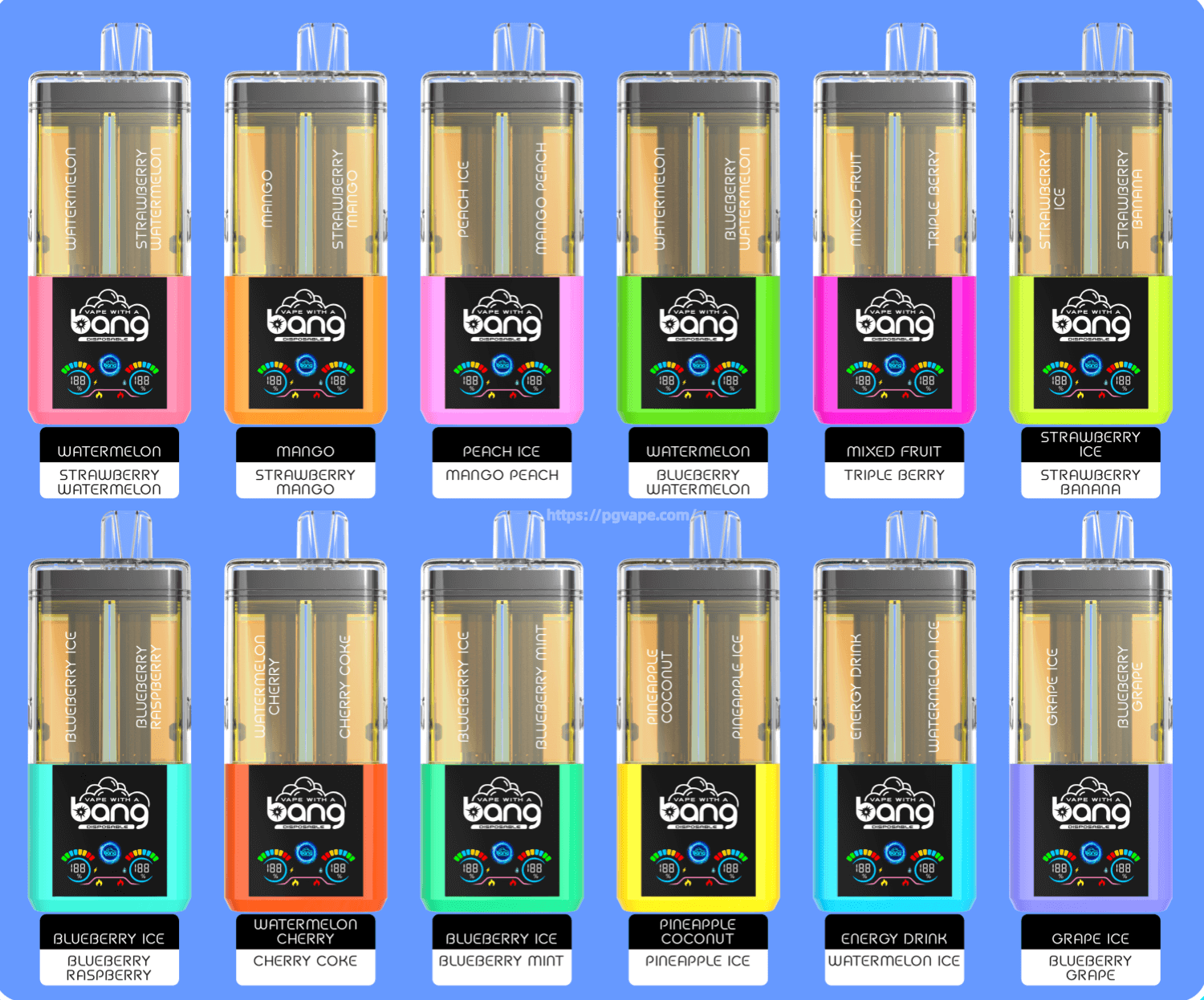 Rows of colorful vape pens with transparent tanks and neon bodies, labeled with fruit flavors on a blue background.