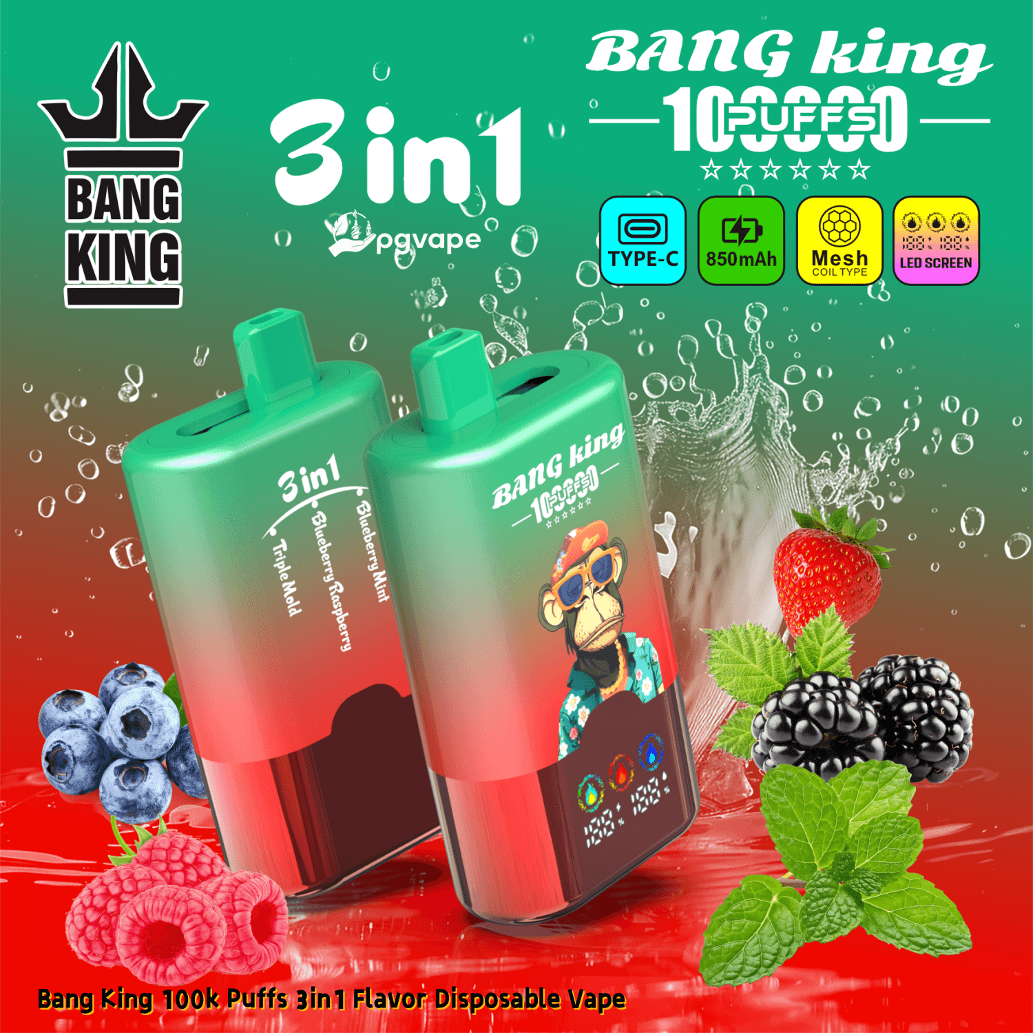 Dwa zielone jednorazowe urządzenia vape Bang King 3w1 z rysunkową małpką, jagodami i miętą, wyposażone w typ C i 850 mAh.