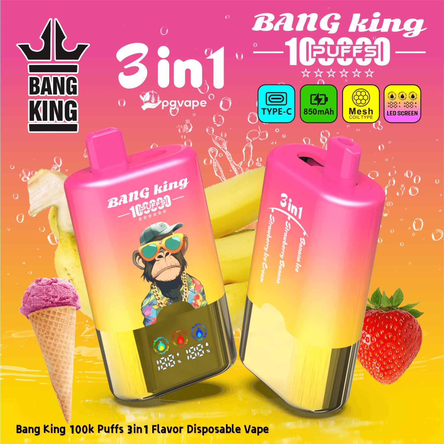 Dwa różowe gradientowe jednorazowe urządzenia vape Bang King 3w1 z maskotką małpy, tłem owoców i logo marki.