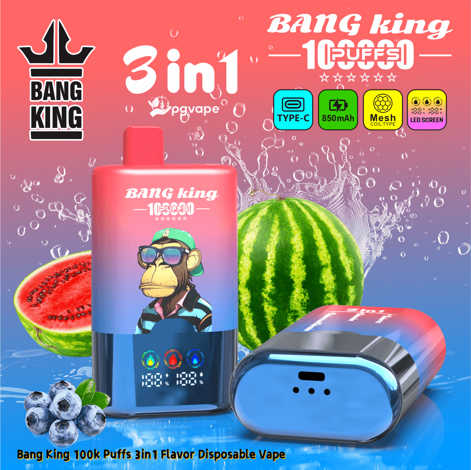 Reklama jednorazowego vape Bang King 3w1 z różową butelką gradientową, rysunkową małpką i owocami takimi jak arbuz i jagody.