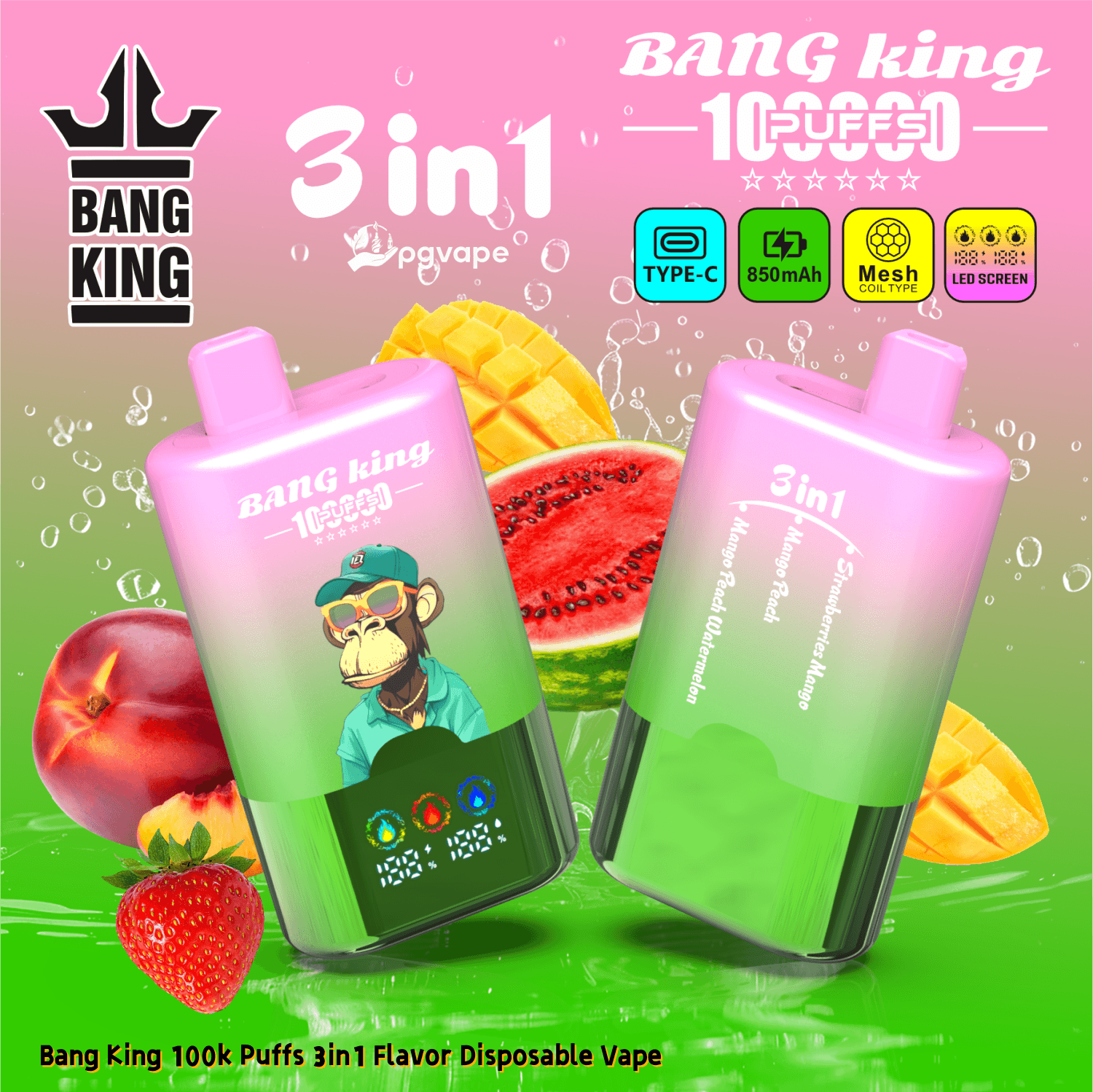 Para jednorazowych urządzeń vape 3w1 Bang King w kolorze różowo-zielonym z maskotką małpy, grafiką z owocami i funkcjami Type-C/850mAh.