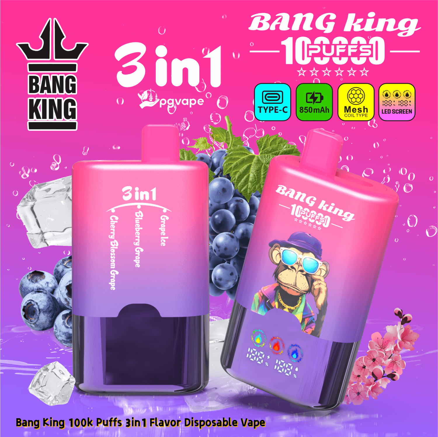 Jasnoróżowo-fioletowa reklama jednorazowego vape Bang King 3w1, przedstawiająca dwa różowe urządzenia, rysunkową małpę w okularach przeciwsłonecznych, zdjęcia jagód i 100 tys. zaciągnięć.