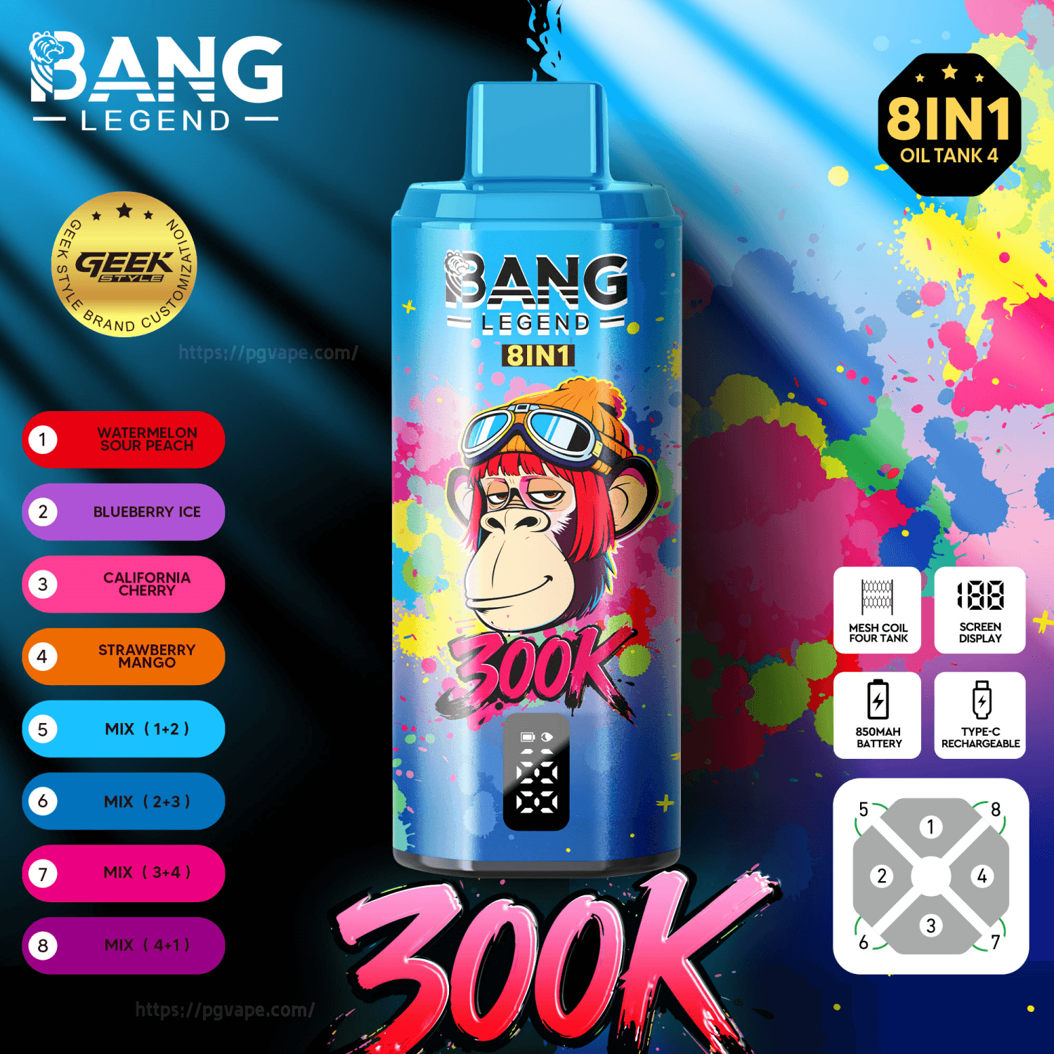Butelka olejku do waporyzacji Blue Bang Legend 8IN1 z rysunkową małpką w goglach pośród kolorowych plam farby i listy smaków.