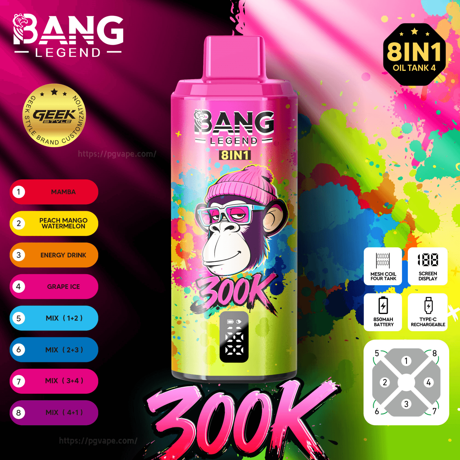 Kolorowa butelka Bang Legend 8IN1 z różową zakrętką i rysunkową małpką w okularach, tęczowymi plamami i listą smaków po lewej stronie.