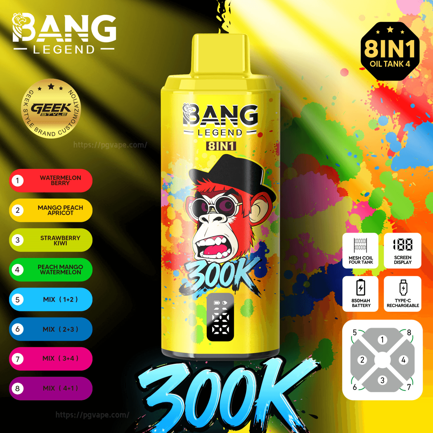 Butelka Yellow Bang Legend 8IN1 z rysunkową małpką w kapeluszu i okularach pośród kolorowych plam farby i listy smaków.