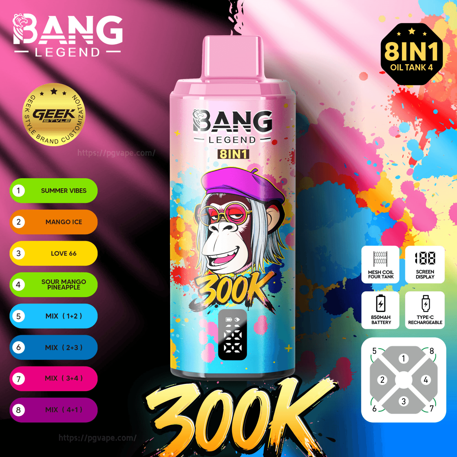 Butelka do waporyzacji Bang Legend 8IN1 z różową zakrętką i żywą grafiką, tekstem 300 tys. i listą ośmiu smaków po lewej stronie.