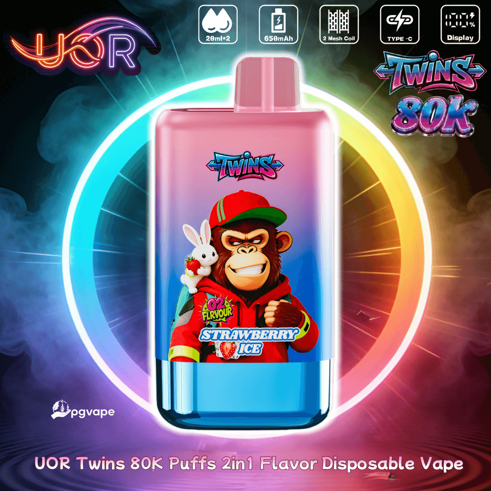 Colorful UOR Twins 80K Puffs 2in1 Flavor Disposable Vape bottle, Strawberry Ice label, pink-to-blue gradient body, pink cap, neon ring background.