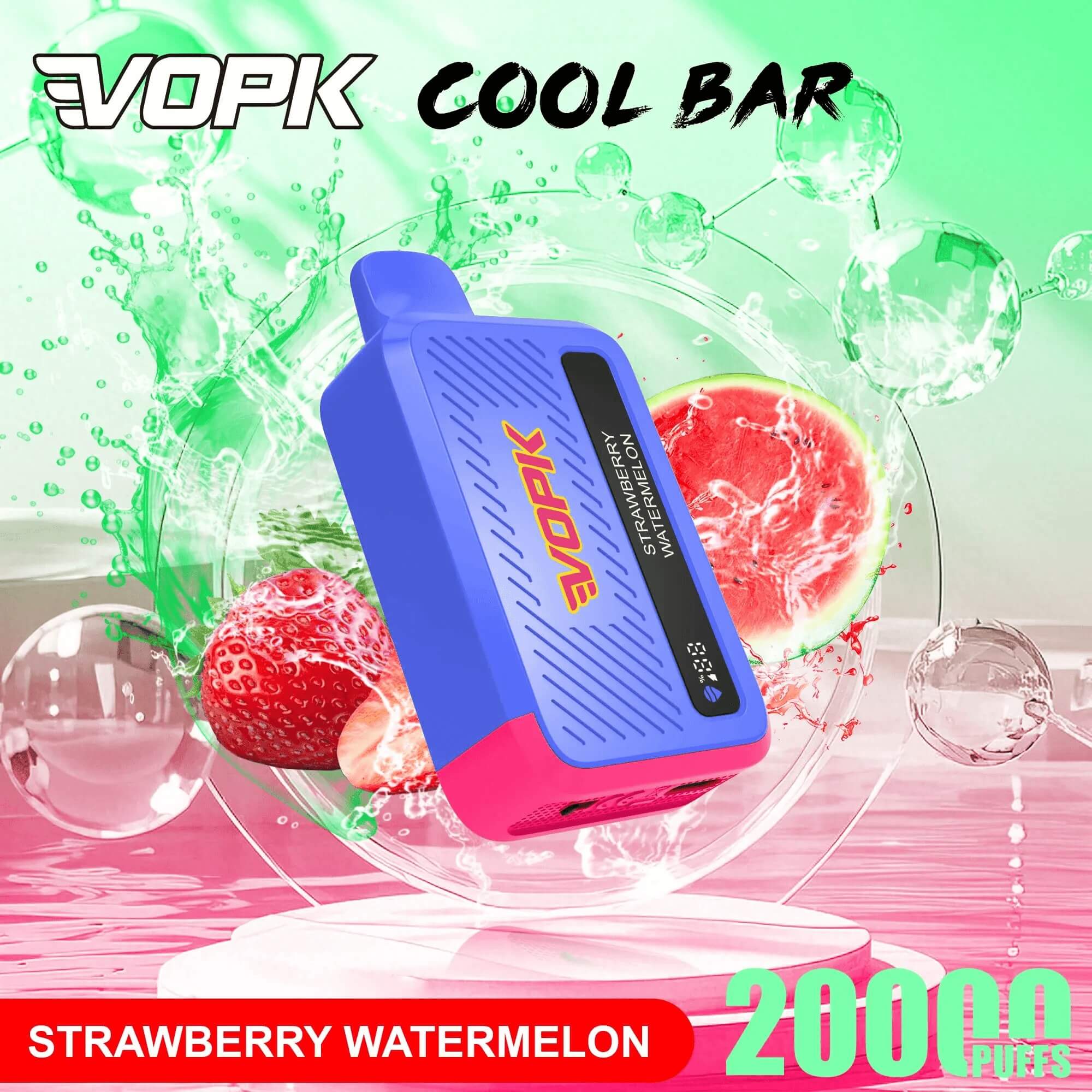 Blå och rosa VOPK Cool Bar vape-enhet märkt Strawberry Watermelon, med 2000 puffar, visad bland jordgubbar och ett vattenmelonmotiv.