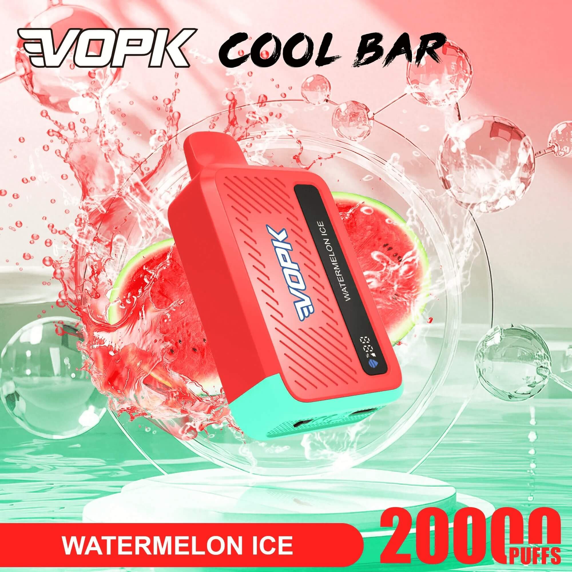 Röd och blågrön VOPK Cool Bar engångsvape med Watermelon Ice-smak, bland vattenmelonskivor och is, 2000 puffar