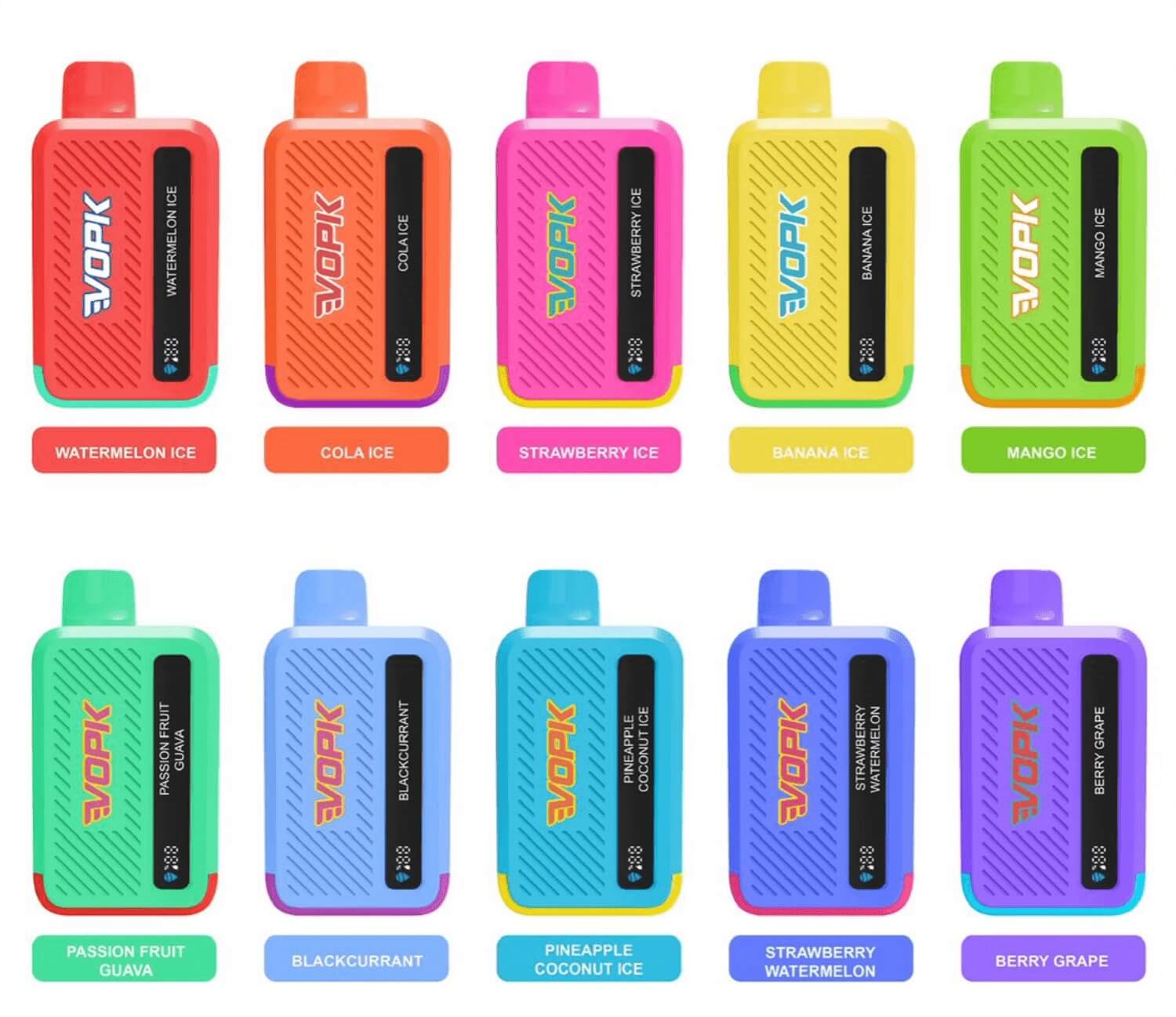Två rader färgglada dryckespåsar med smaker Vattenmelon Is, Cola Ice, Strawberry Ice, Banan Ice, Mango Ice, Passionsfrukt Guava, Svartvinbär, Ananas Kokos Is, Jordgubbs Vattenmelon, Bärdruva
