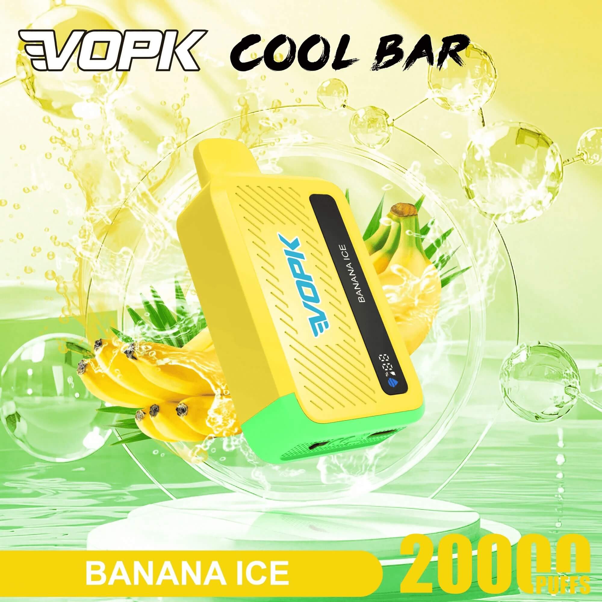 Gul engångsvapeapparat med grön bas, Banana Ice-smak, visad med fruktgrafik och 2000 puffar.