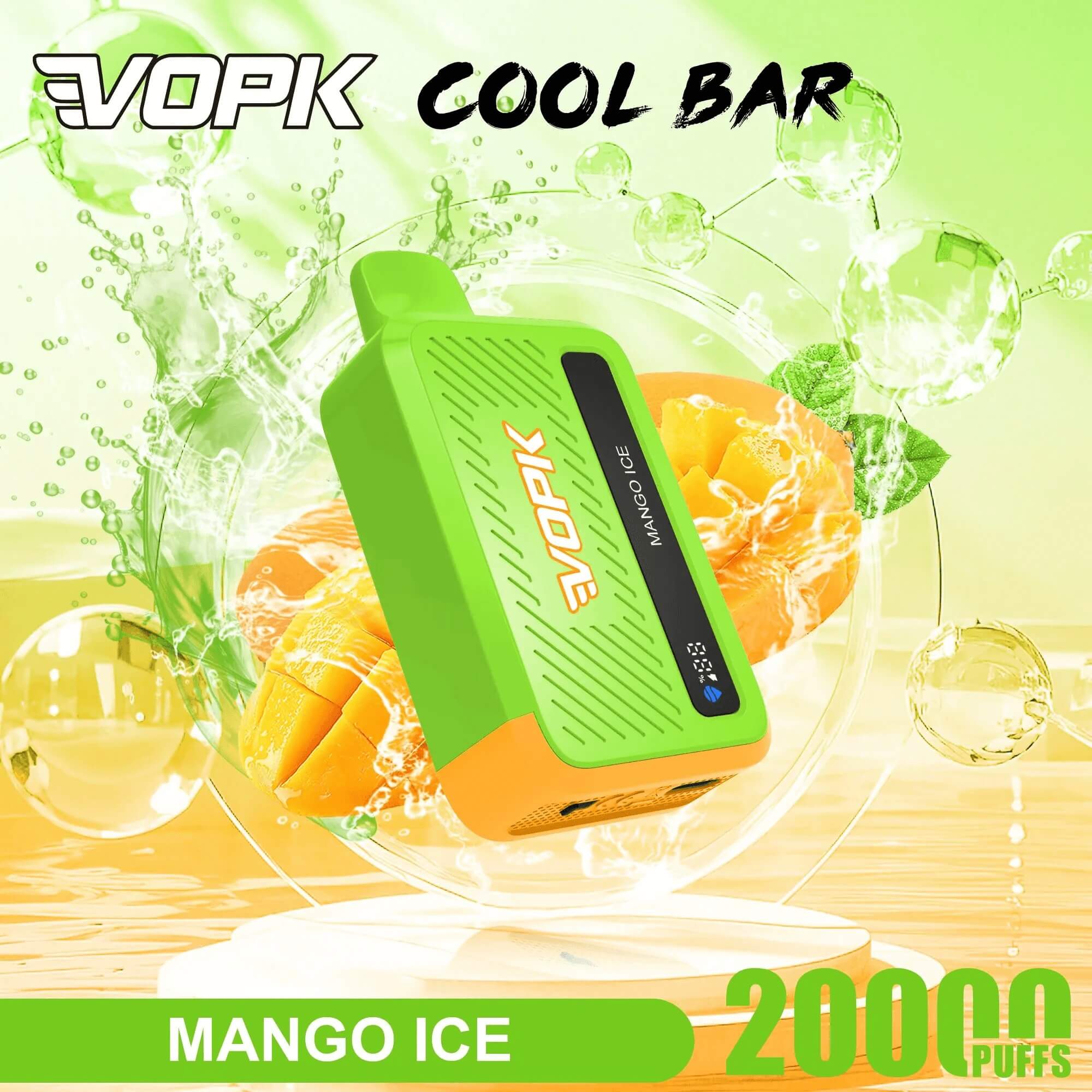 Klargrön VOPK Cool Bar Mango Ice vape-enhet med en orange bas, omgiven av mangoskivor och isbubblor.