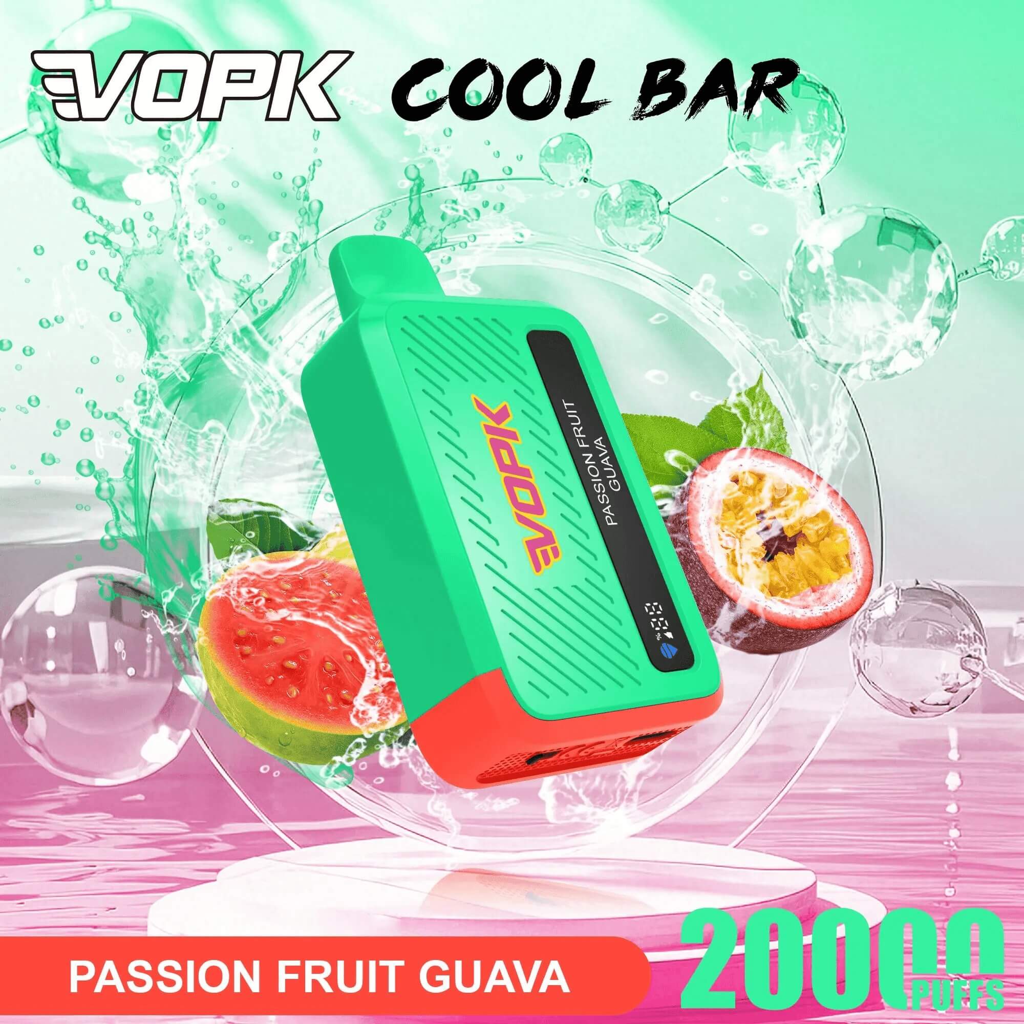En grön och orange vapeapparat för engångsbruk märkt VOPK Cool Bar, smak Passion Fruit Guava, annonserad för 2000 puffar.