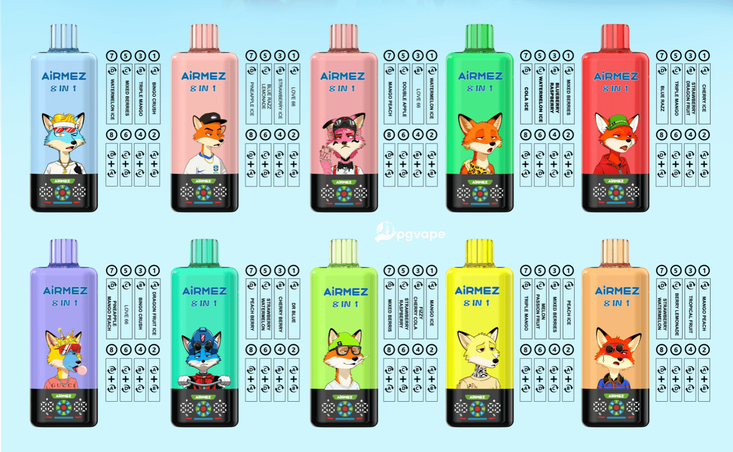 Two rows of colorful Airmez 8-in-1 vape bottles, each featuring a different animal illustration on the label with a matching pastel cap.