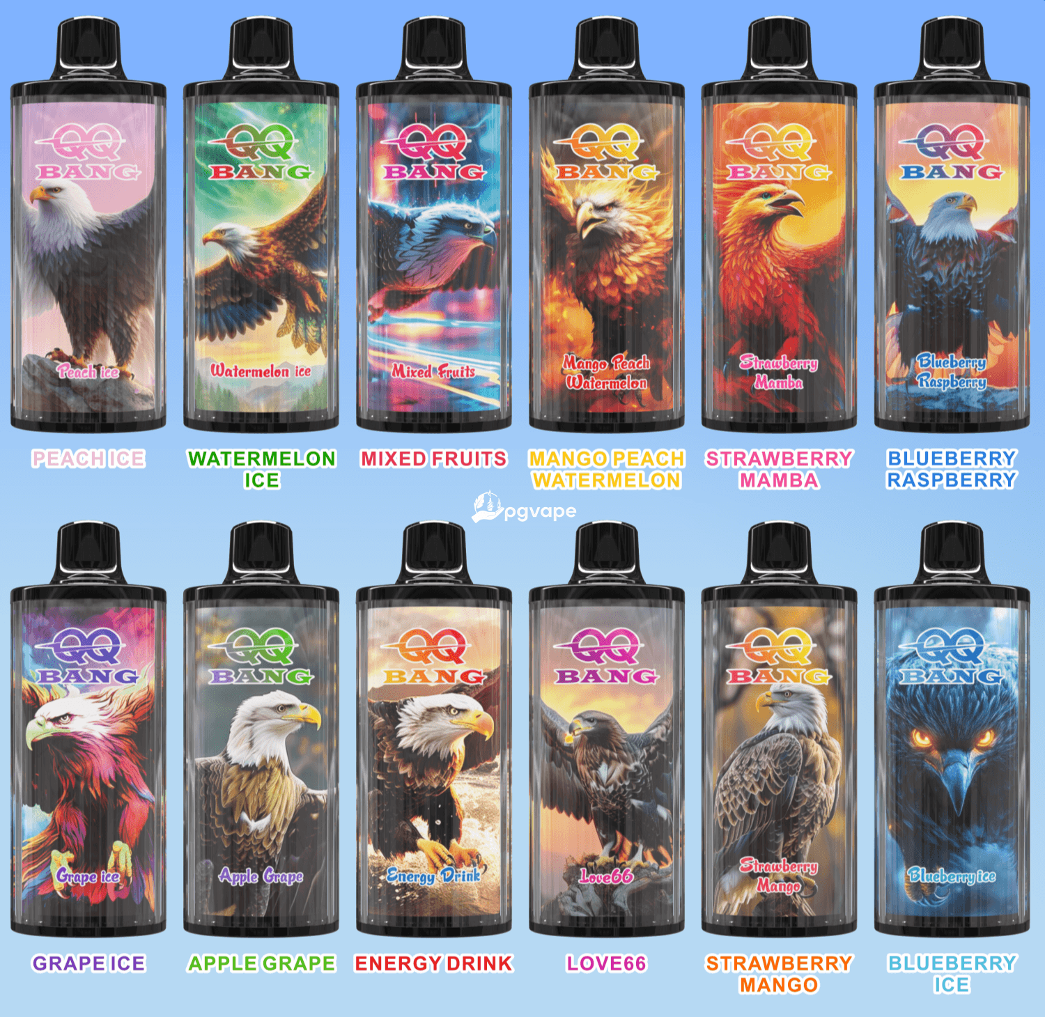 Twelve Bang energy drink bottles arranged in two rows with colorful fruit-flavor labels and bold Bang logos.