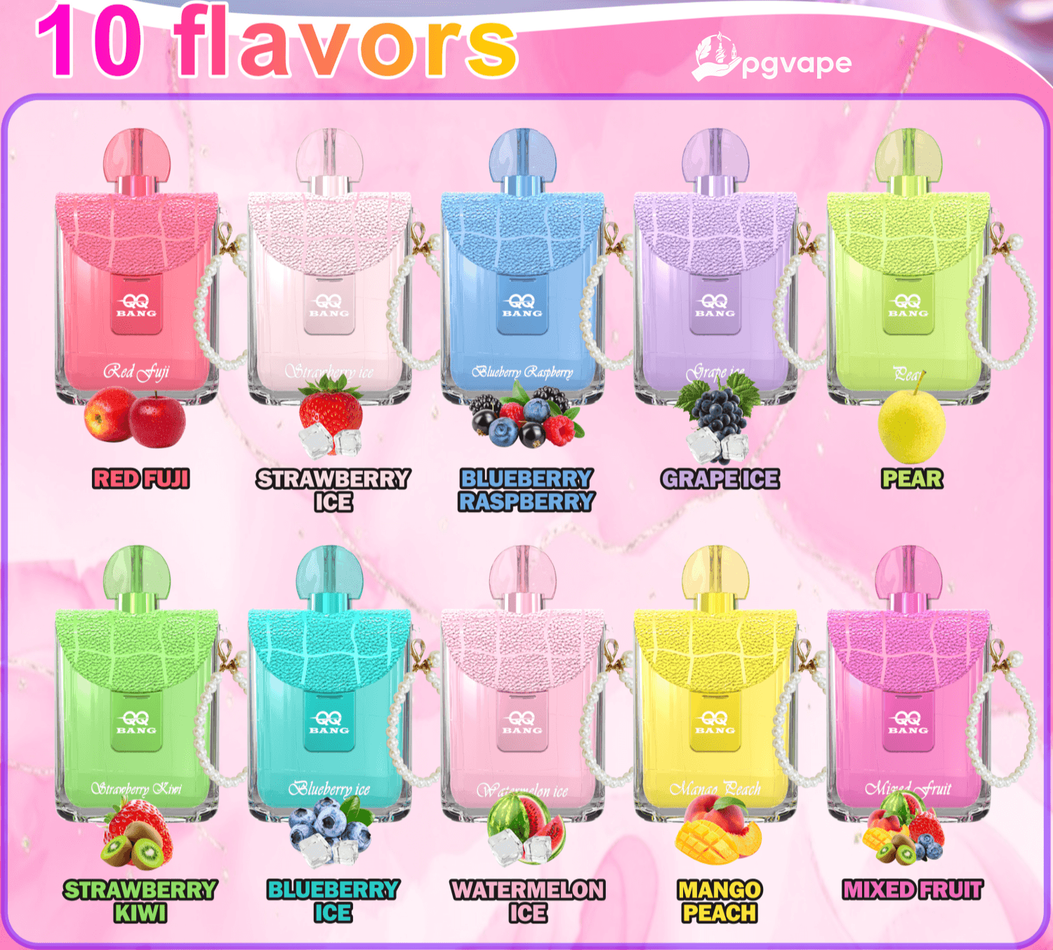 Tres filas de quince botellas de vaporizador en colores pastel con íconos de frutas y etiquetas de sabores como Red Fuji, Strawberry Ice y Blueberry Raspberry.