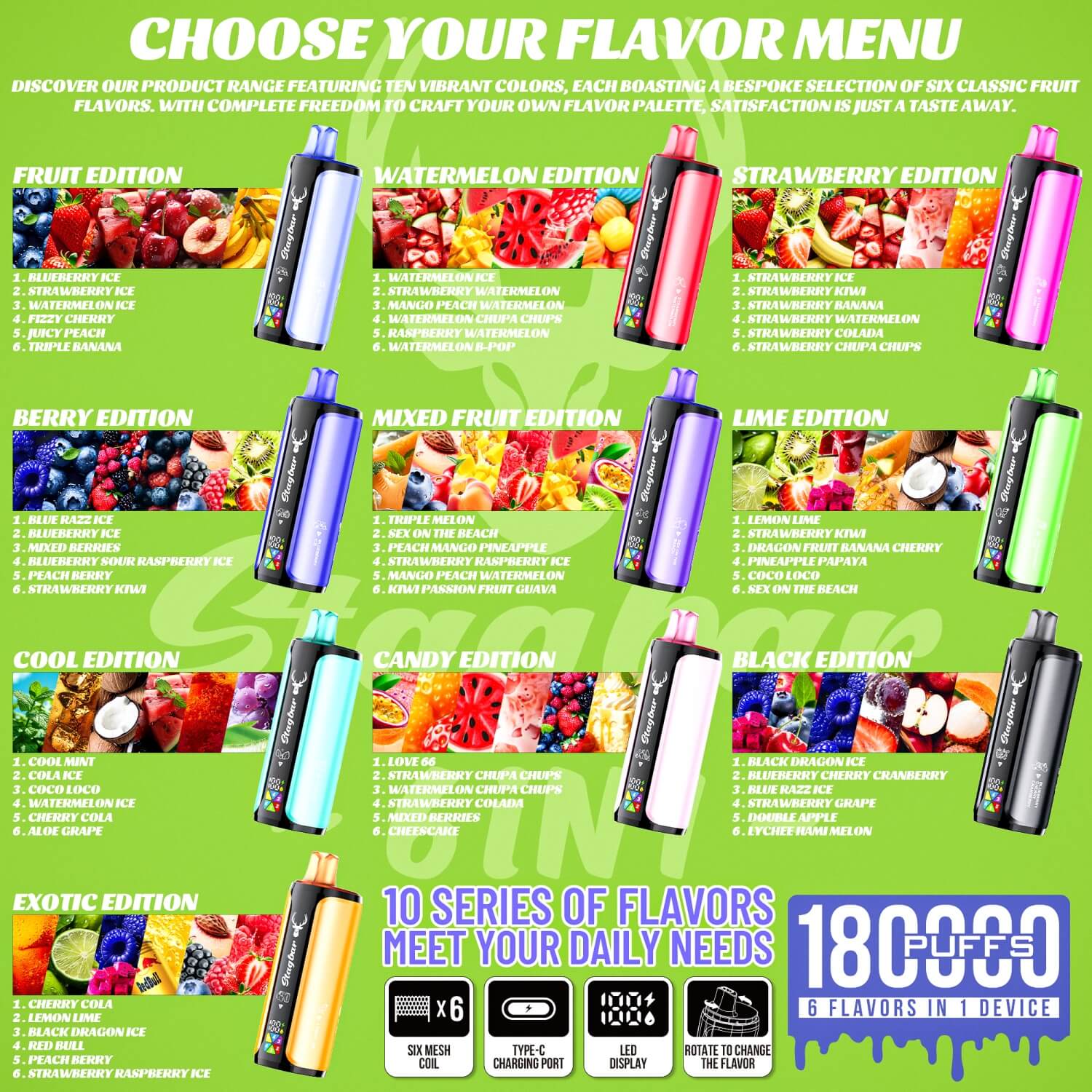 Bright green poster advertising ten flavor editions of a vape pen with colored devices and flavor lists.