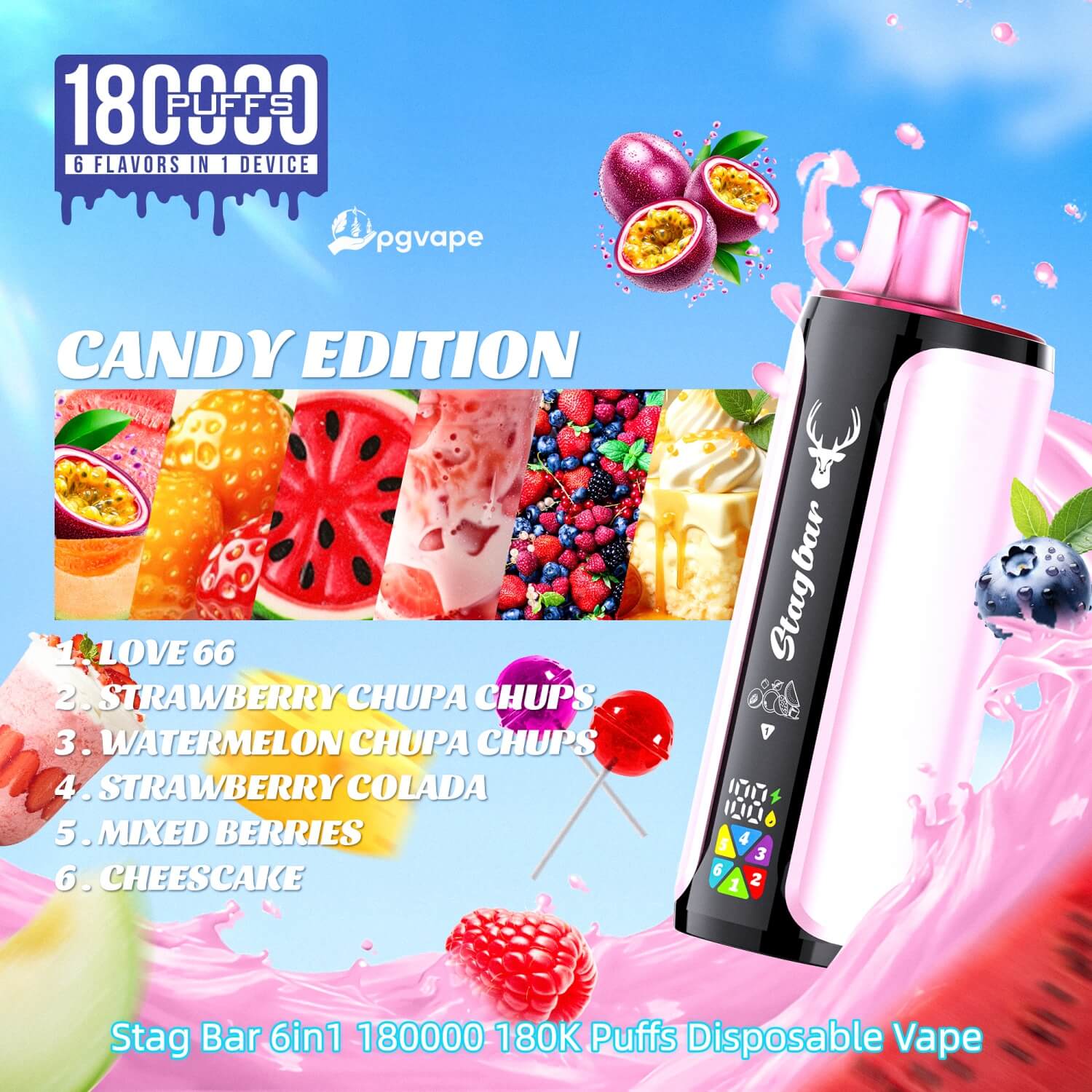 Candy Edition pink Stag Bar disposable vape with fruity candy art and a flavors list.