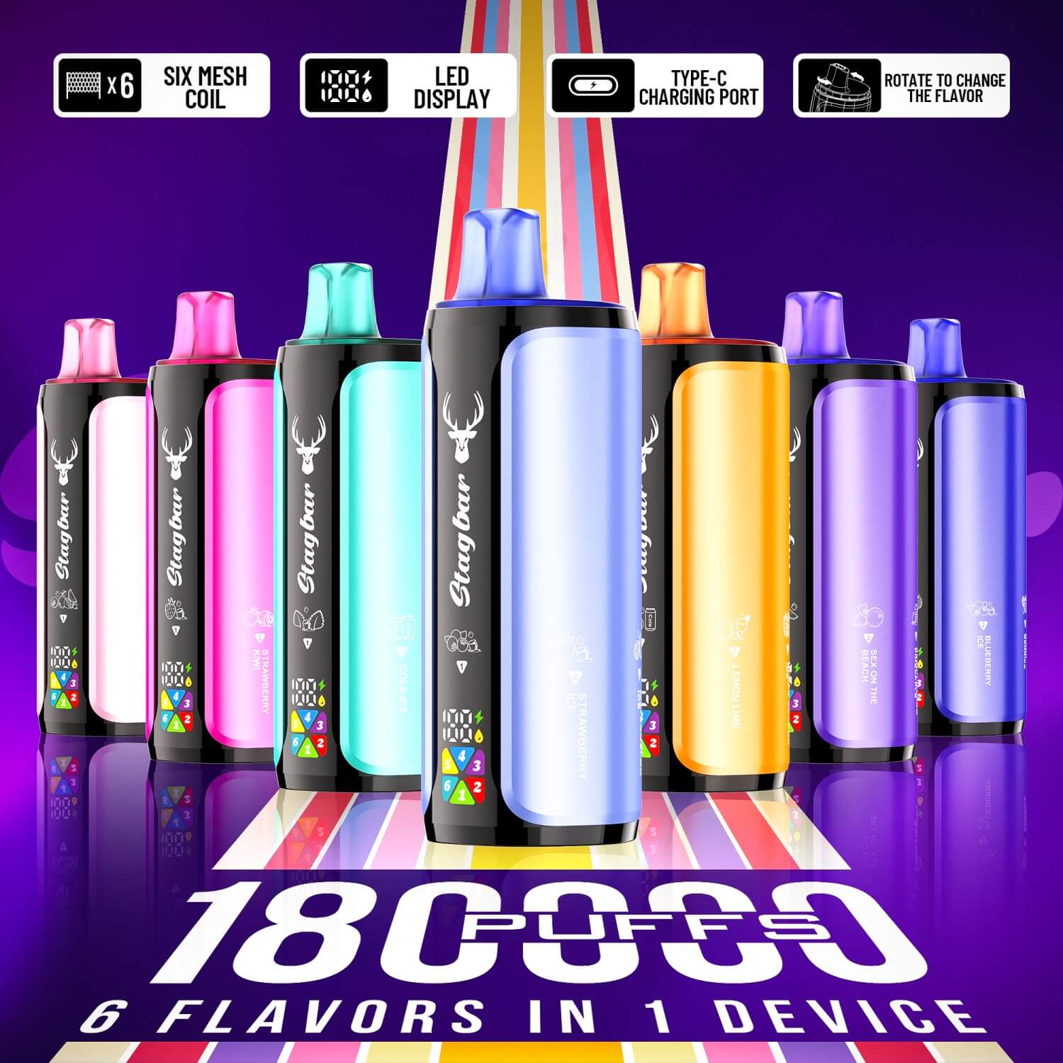 Row of colorful disposable vape pens with neon caps; front center blue-cap device; advertises 1800 puffs and 6 flavors in 1.