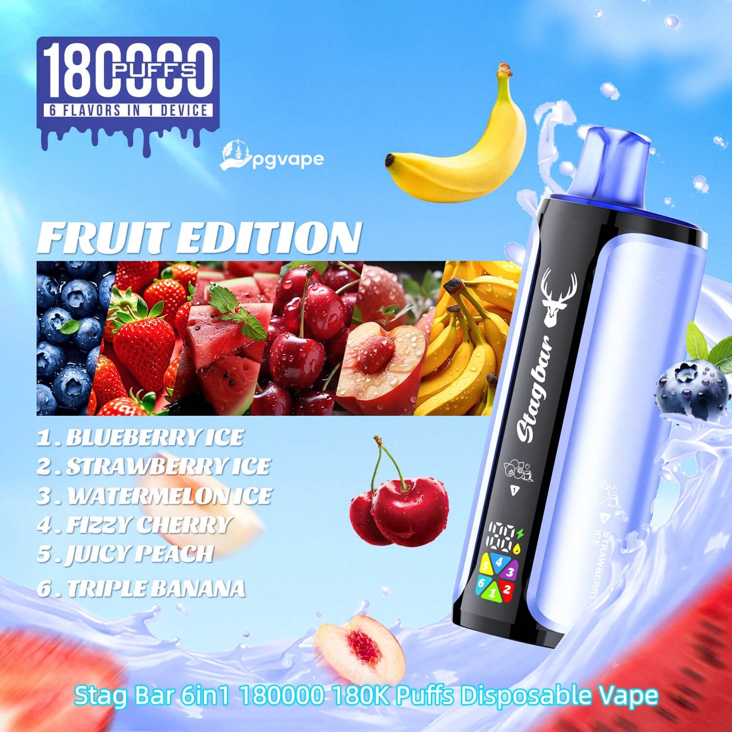 Fruit Edition Stag Bar disposable vape with blue device and fruit collage; flavors include Blueberry Ice and Strawberry Ice.