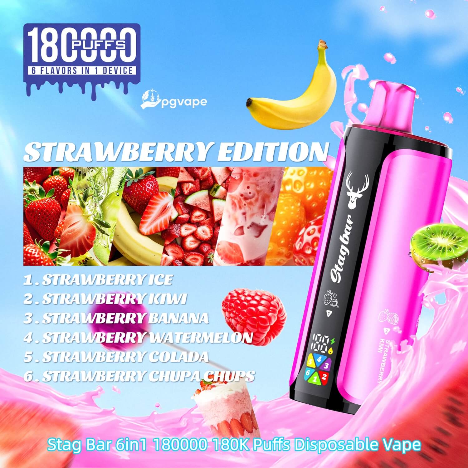 Strawberry Edition disposable vape ad featuring a pink Stag Bar device, a vibrant fruit collage, and a six-flavor strawberry lineup.