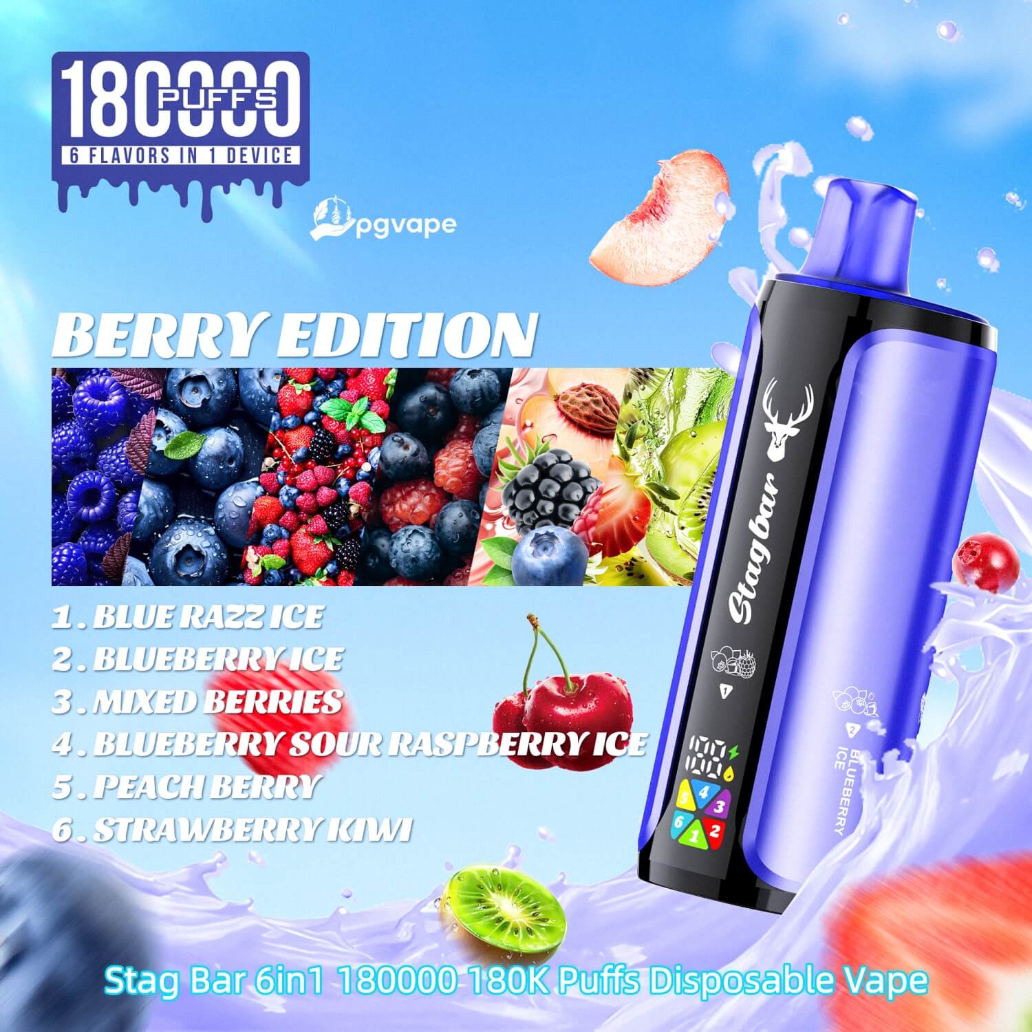 Berry Edition disposable vape promotion with a purple Stag Bar device beside a berry collage and a six-flavor list.