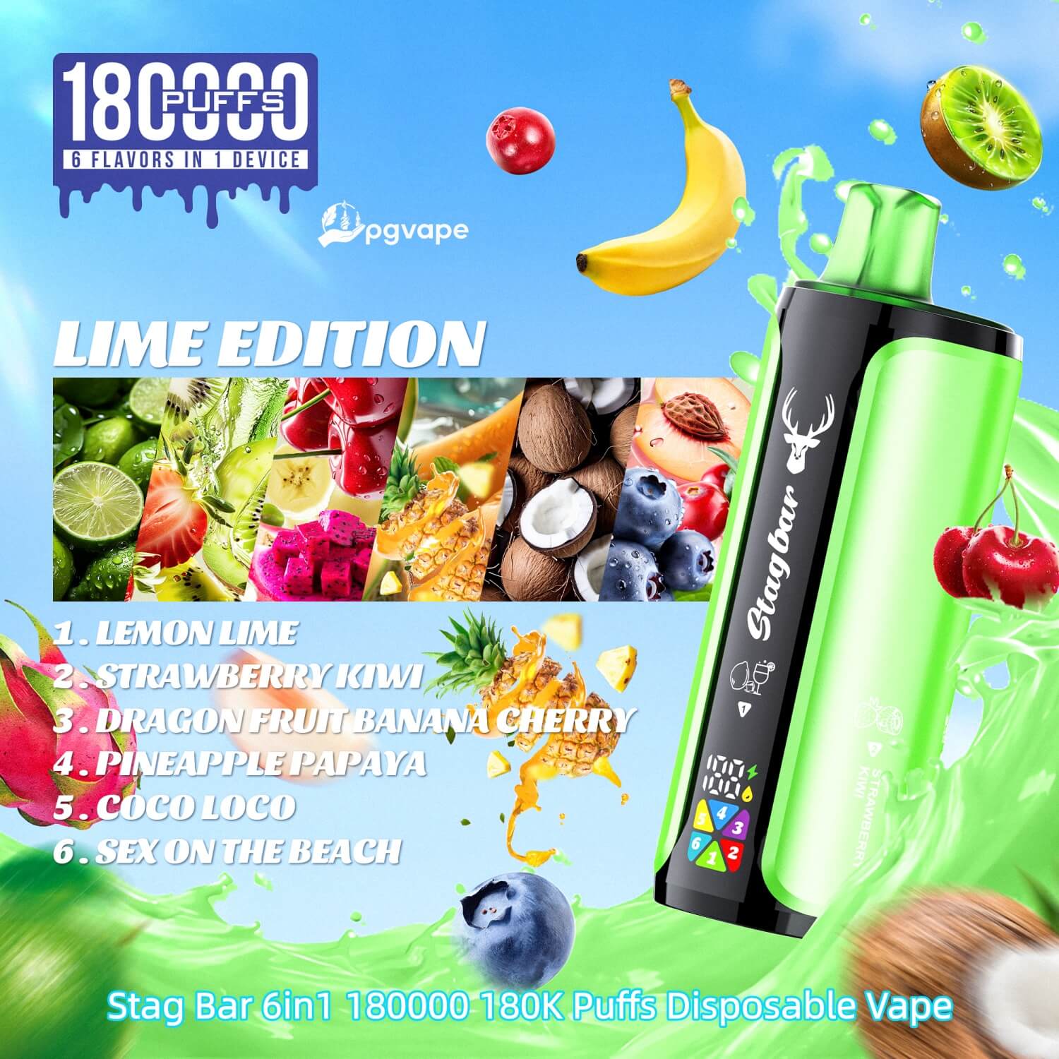 Lime Edition Stag Bar disposable vape in bright green with fruit graphics; 180,000 puffs and six flavors in one device.