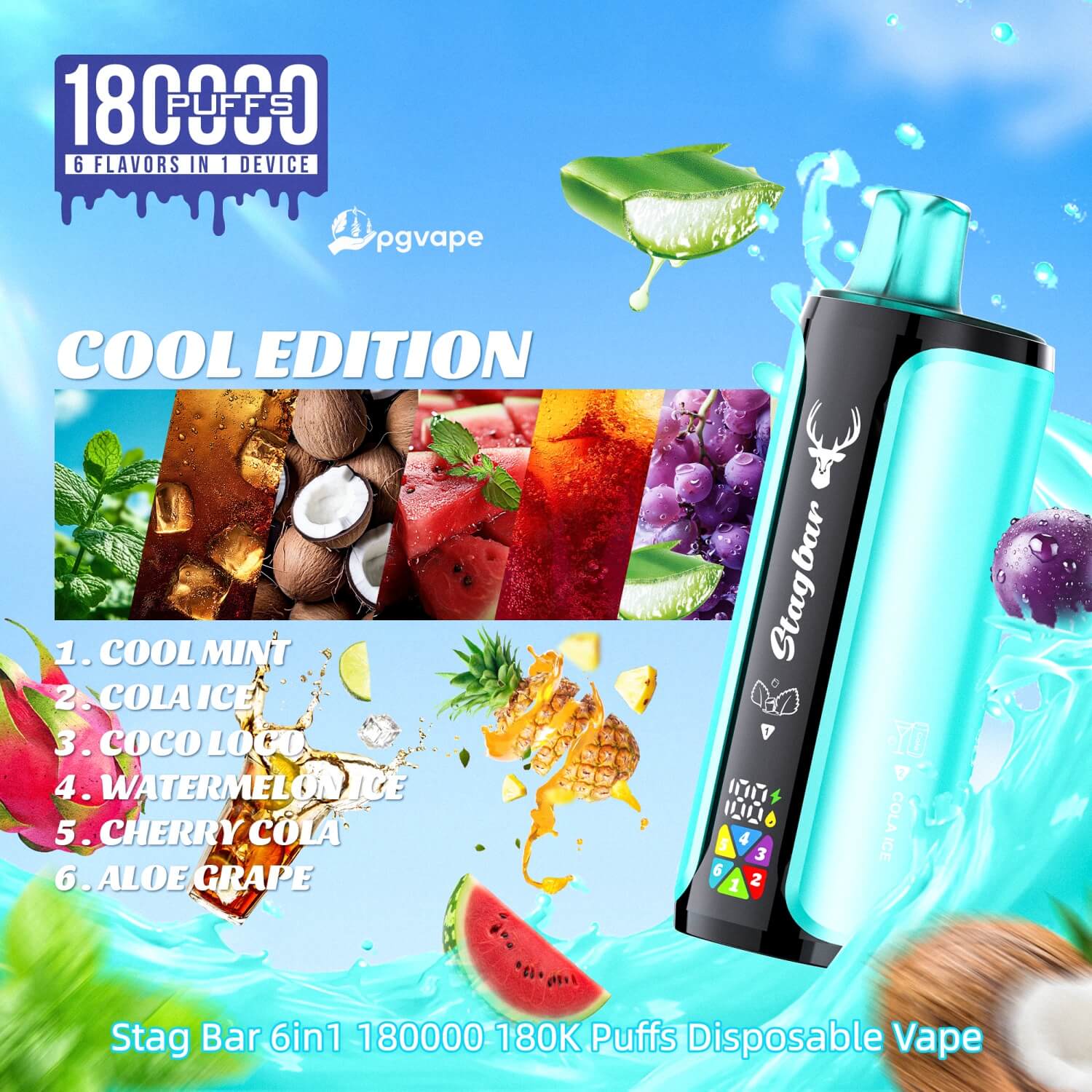 Turquoise Stag Bar disposable vape with deer logo, Cool Edition label, featuring fruit flavors and 180,000 puffs.
