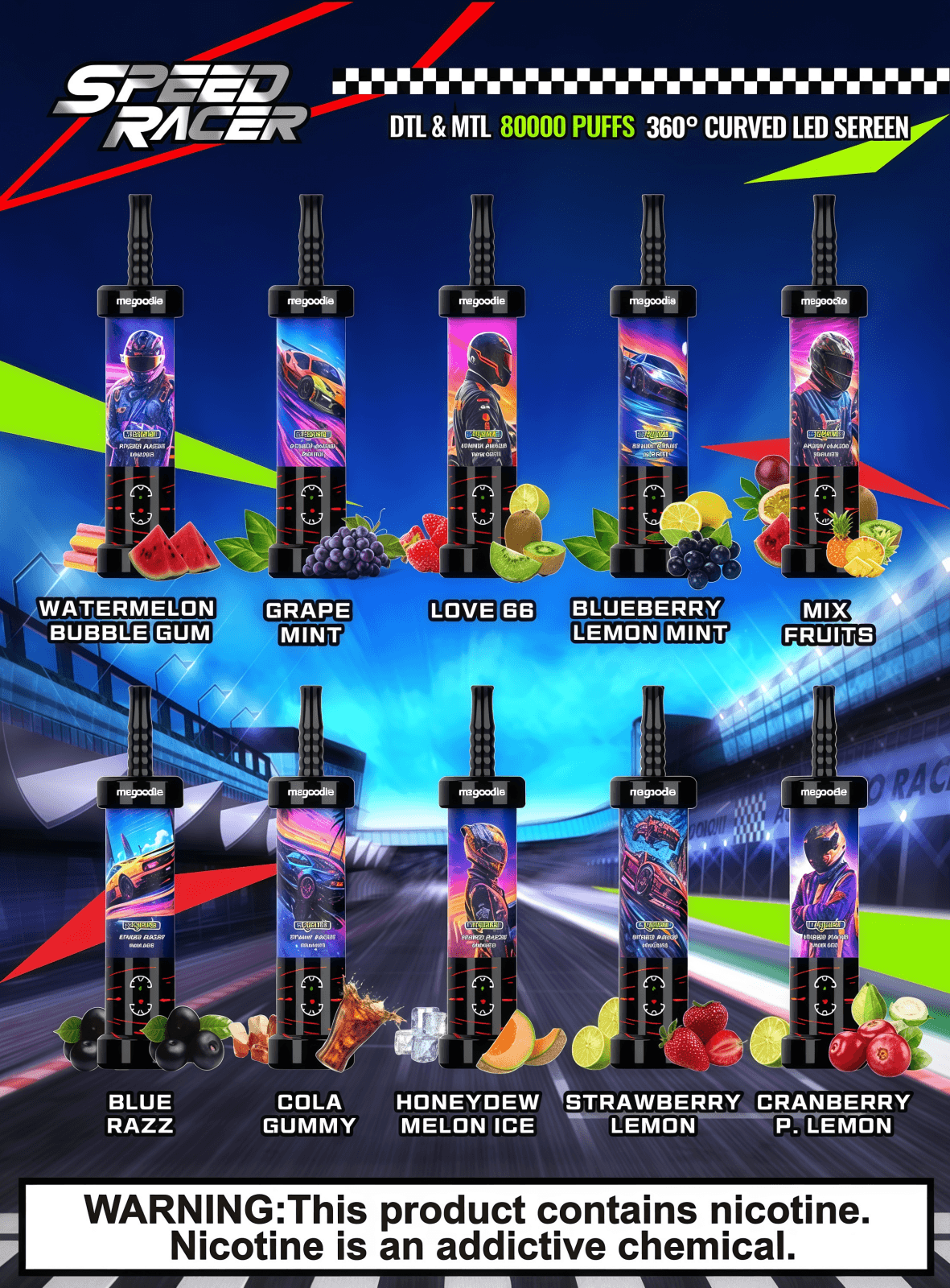 Speed Racer vaping e-cigarette flavors lineup with warning nicotine label, including Watermelon, Grape, Blueberry, and more
