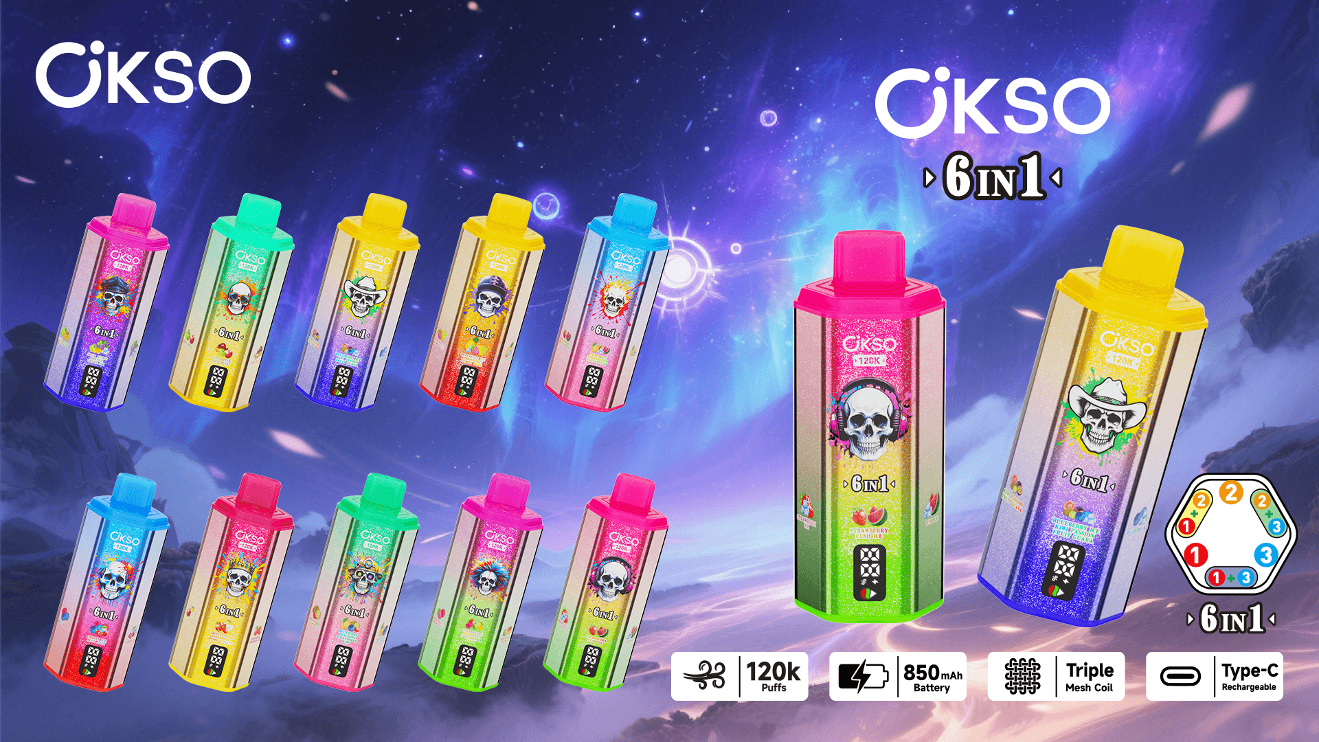 Assorted colorful OKSO 6-in-1 disposable vape devices float against a space-themed background with bold OKSO logos.