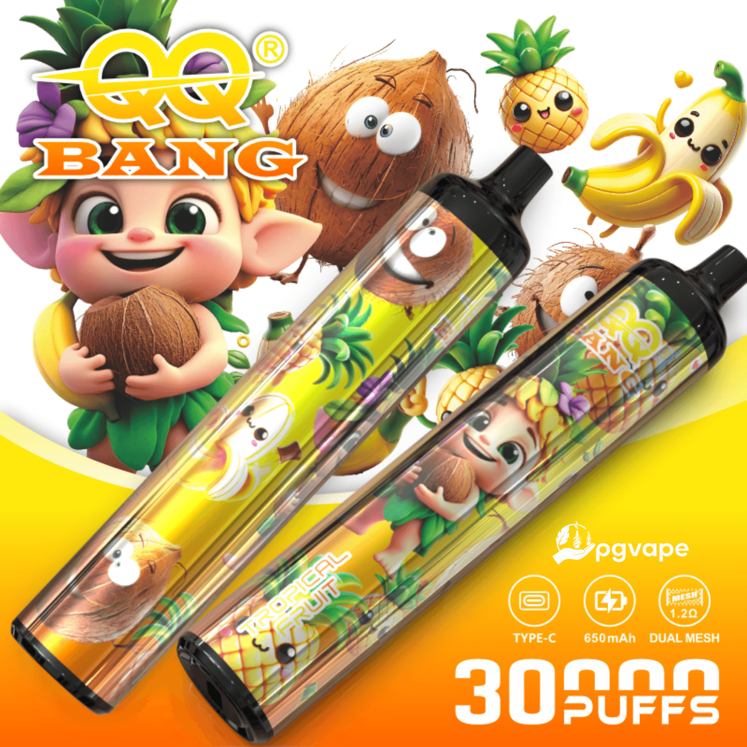 Cartoon QQ Bang promotional image showing two vape devices with Thai fruit characters and “30 PUFFS” text