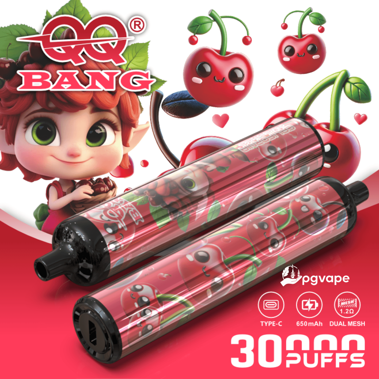 Qq Bang red cherry-themed 30 puffs Type-C dual mesh disposable vape with cartoon cherry characters