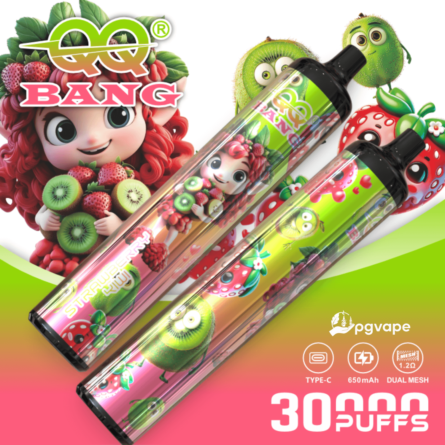 QQ BANG strawberry kiwi cartoon vape device pack showing 30 puffs, Type-C, 650mAh and dual mesh specs