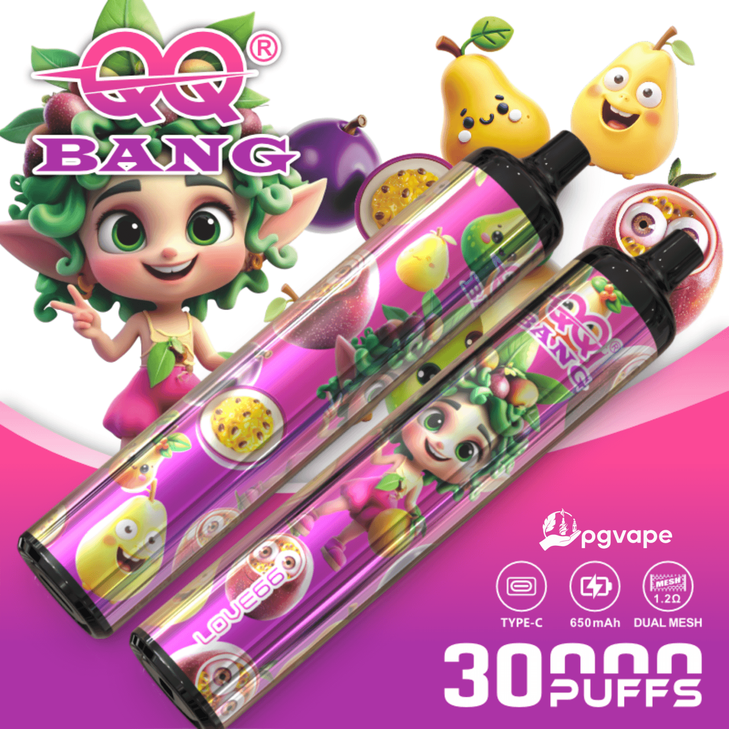 Pink and purple 3000 puffs disposable vape with cartoon fruits and “Puff Vape” branding on a purple background