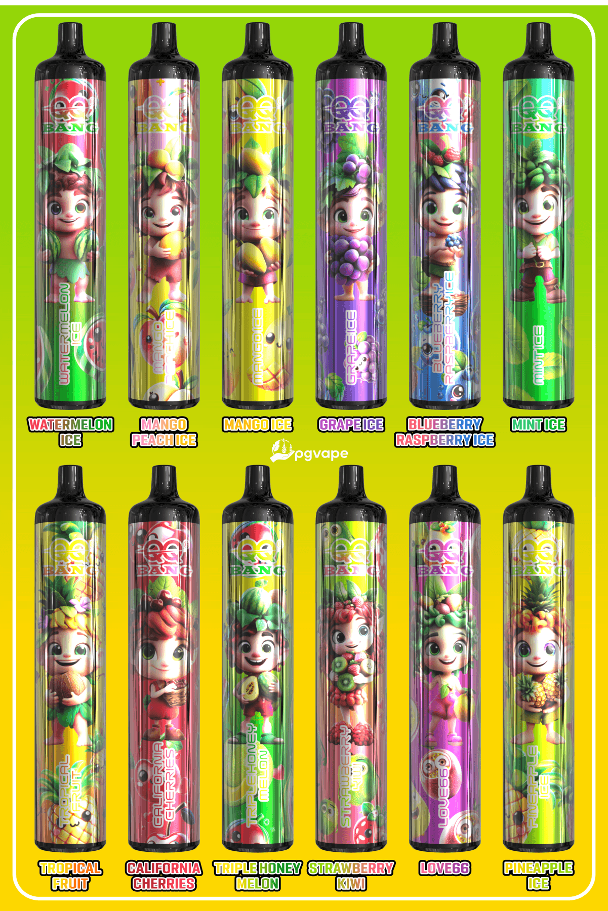 Six colorful vape cartridges with cartoon characters and flavors like Watermelon Ice, Mango, Grape Ice, Blueberry Raspberry Ice, Mint Ice