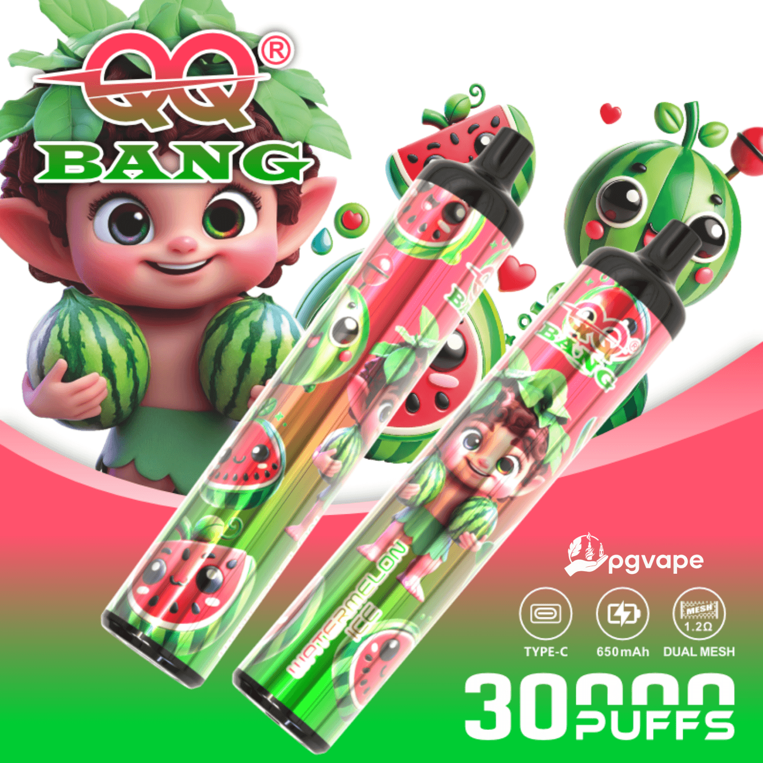 Colorful cartoon-style 30 puffs vape device packaging with watermelon graphics and “pgvape” branding