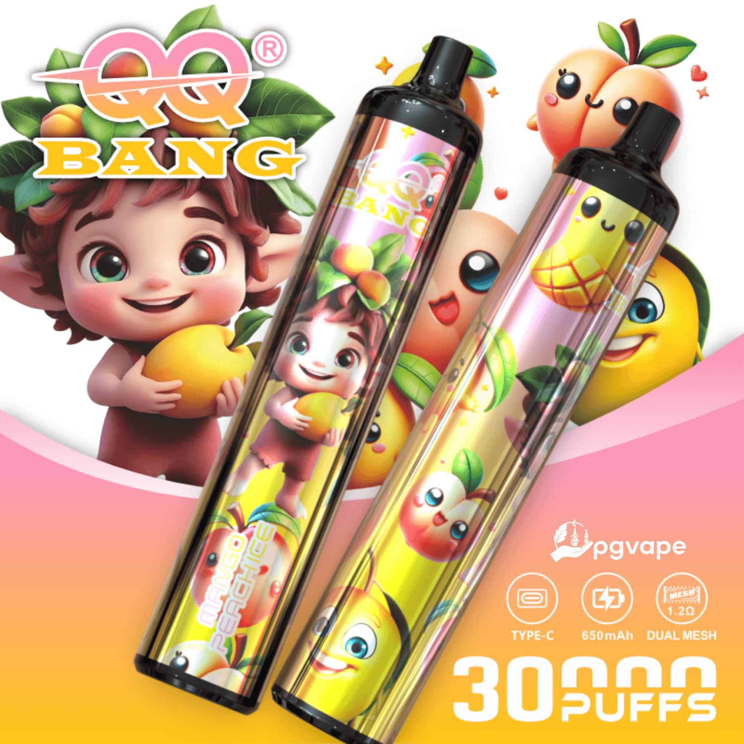 Candy-themed vape product image showing two colorful e-cigarette devices labeled 30 puffs and 650mAh Type-C Dual Mesh