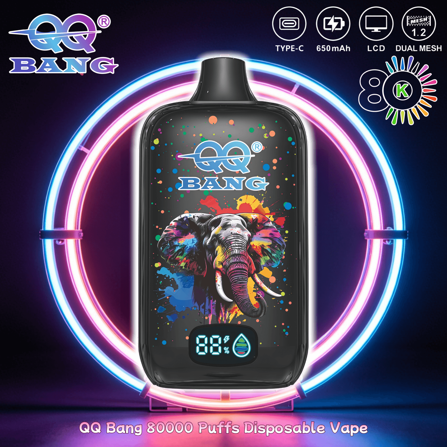 QQ Bang 80000 puffs disposable vape with colorful elephant artwork, LCD display, and neon ring background