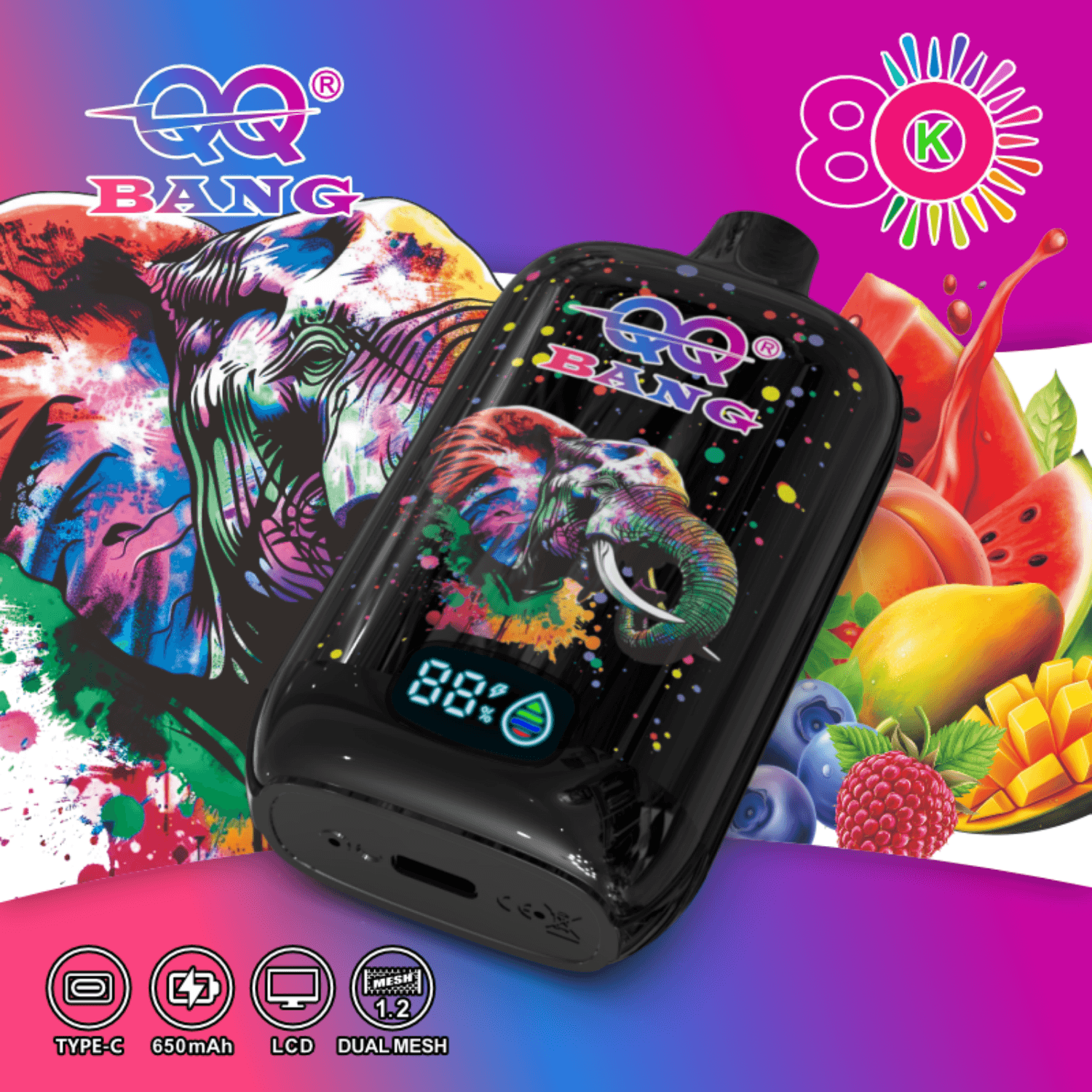Bang 80K vape device with colorful elephant design, fruit graphics, and icons for Type-C, 650mAh battery, LCD, and dual mesh 1.2